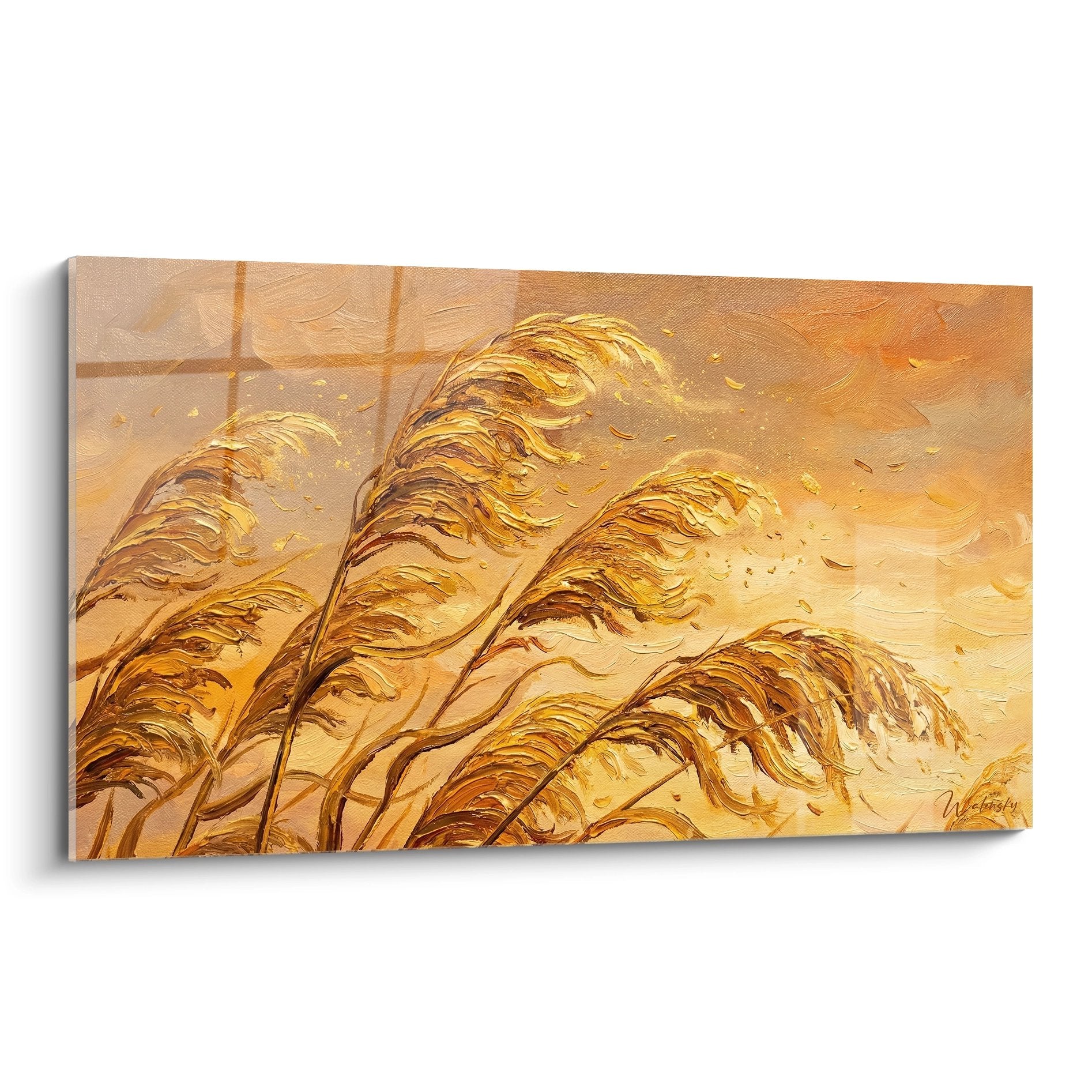 Tableau peinture roseaux dorés dansant au vent, tons chauds ocre et or, style impressionniste Camargue