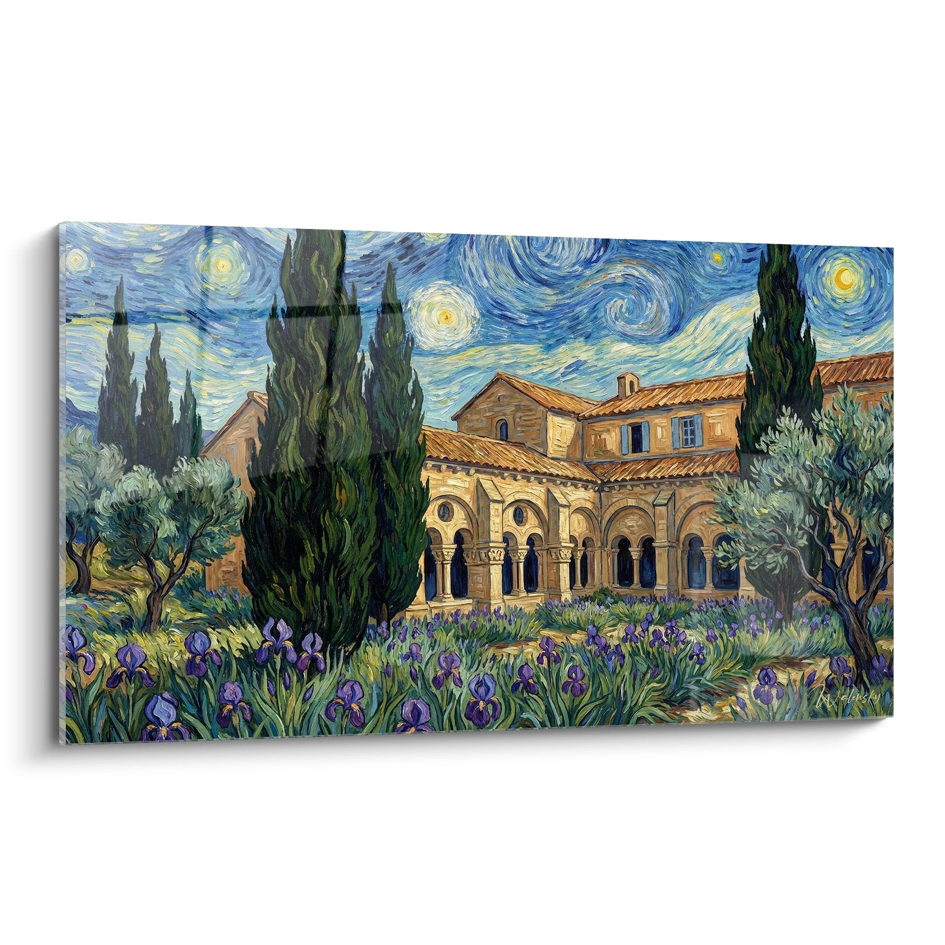 Tableau mural monastère provençal avec cloître roman sous ciel étoilé tourbillonnant et cyprès, style post-impressionniste