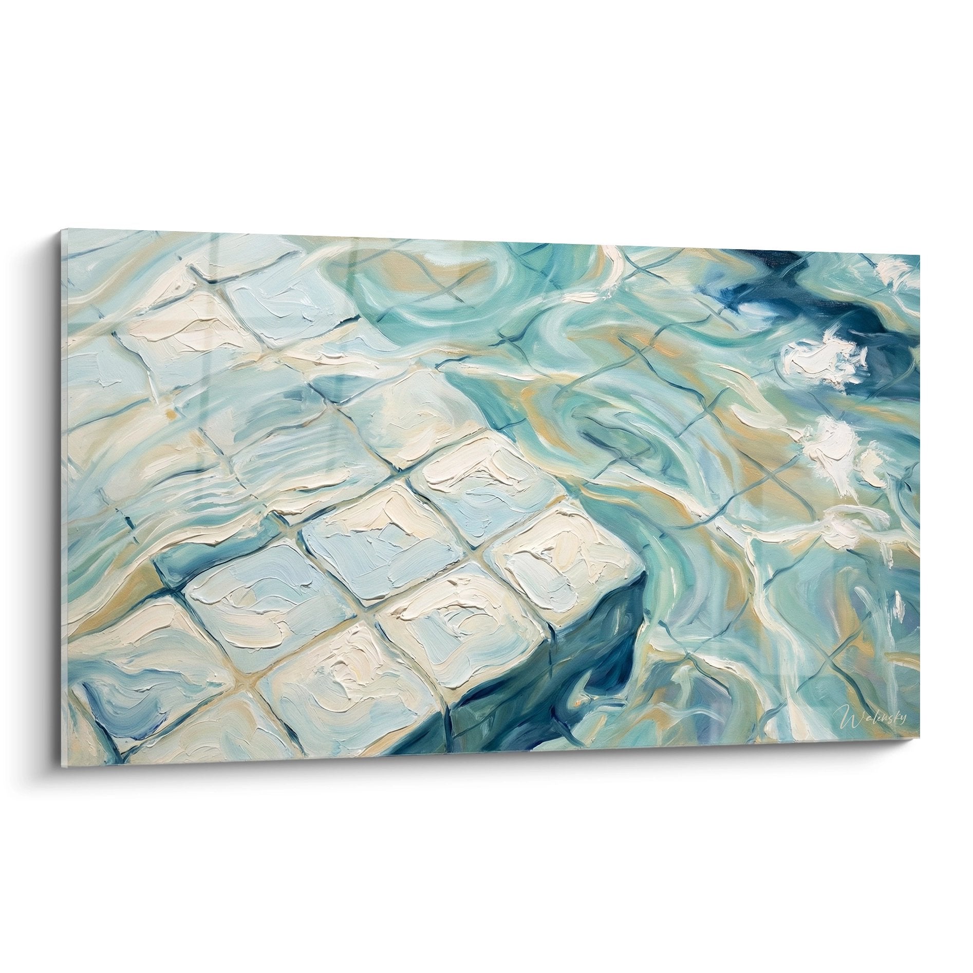 Tableau artistique piscine avec reflets eau sur carrelage bleu et blanc style contemporain natation