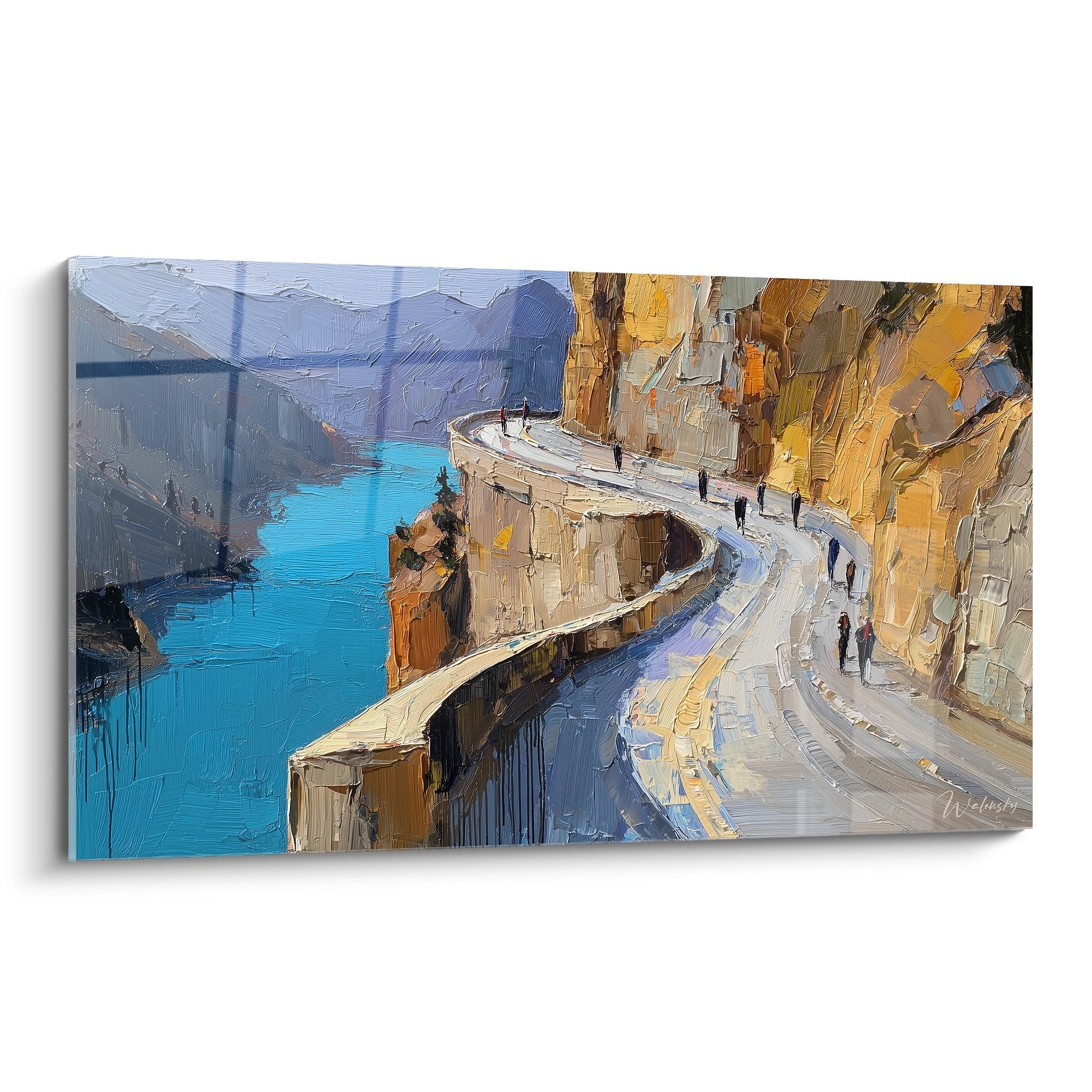 Tableau peinture route panoramique Gorges du Verdon avec falaises ocre et eaux turquoise, style impressionniste