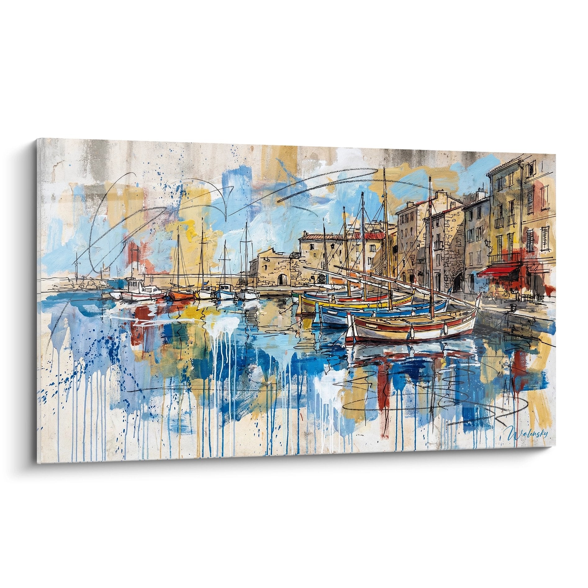Tableau aquarelle moderne représentant le port de Bastia avec bateaux colorés et architecture corse typique