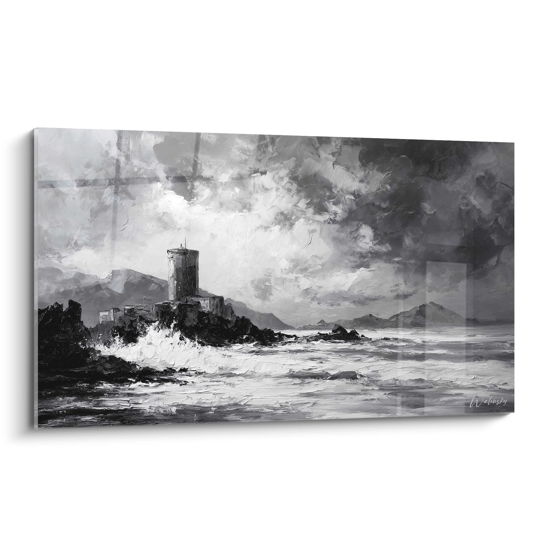 Tableau noir et blanc d'une tour génoise sur rochers avec vagues déferlantes et ciel dramatique - art corse maritime