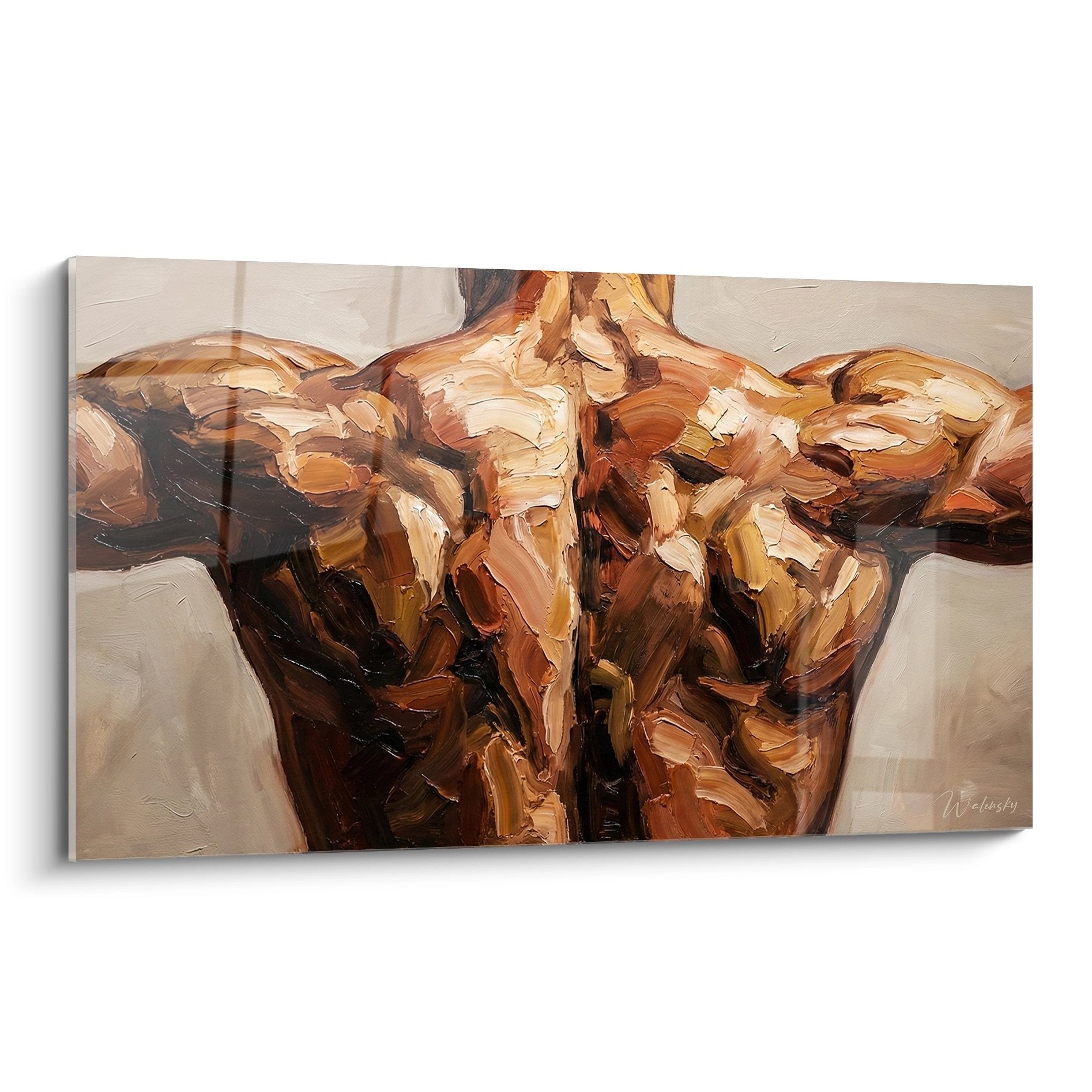Tableau peinture corps masculin athletique torse muscle art contemporain expressionniste tons ocre bronze