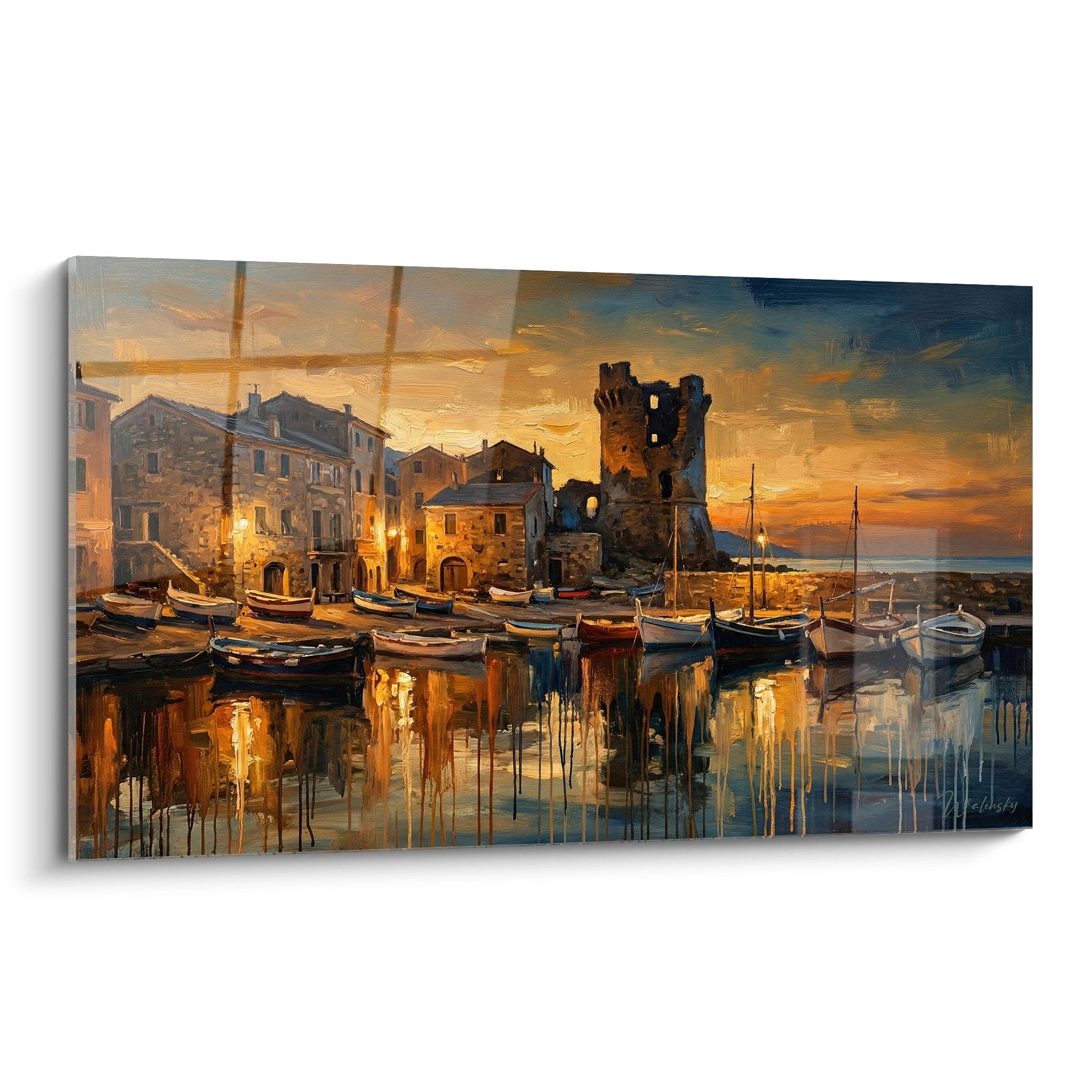 Tableau port de peche corse au coucher du soleil avec barques traditionnelles et architecture mediterraneenne