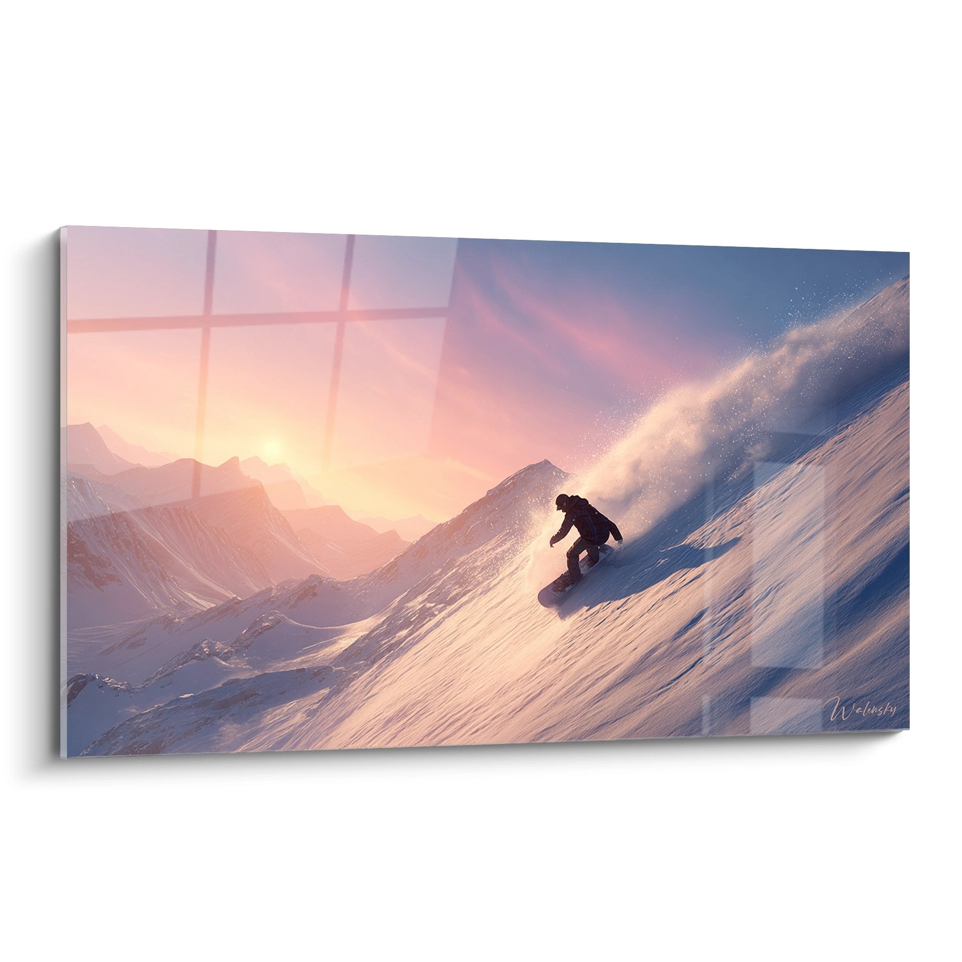 Tableau snowboard coucher de soleil montagne avec rider dévalant pente enneigée dans paysage alpin rose et doré