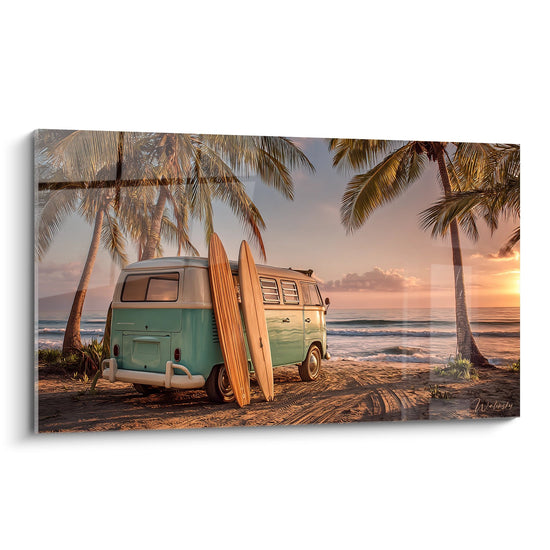 Schilderij Vintage Busje en Surfplanken - Sunset Paradise - Surf Editie
