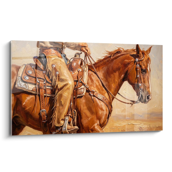 Cowboy and Saddled Horse Painting - Western Partnership - Equitation Edition