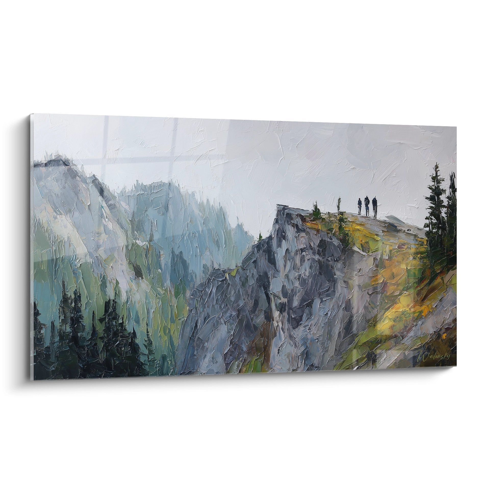 Tableau peinture montagne Vosges avec randonneurs sur crête rocheuse et forêt de sapins, style impressionniste