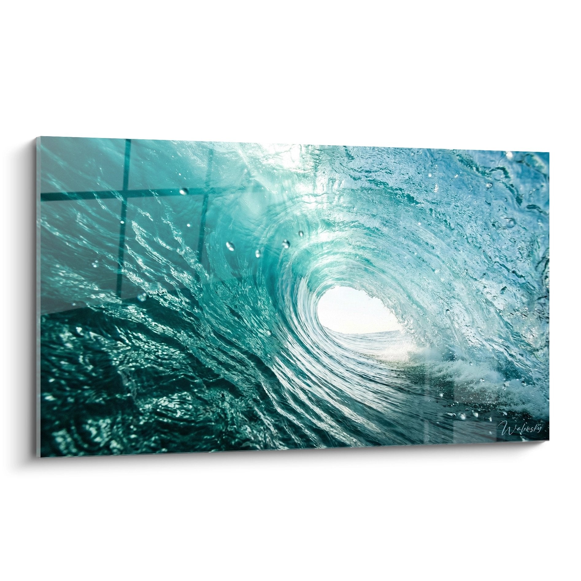 Tableau vague tube émeraude vue intérieure tunnel eau turquoise art mural surf océan