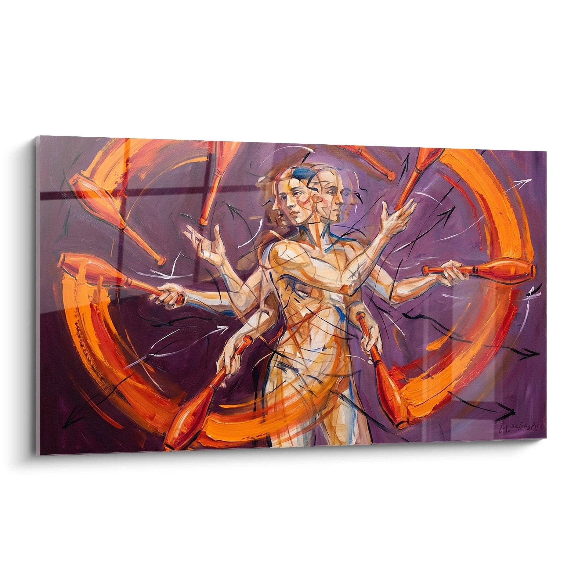 Tableau moderne representant un jongleur multi-bras en action avec palette orange et violette style cubiste