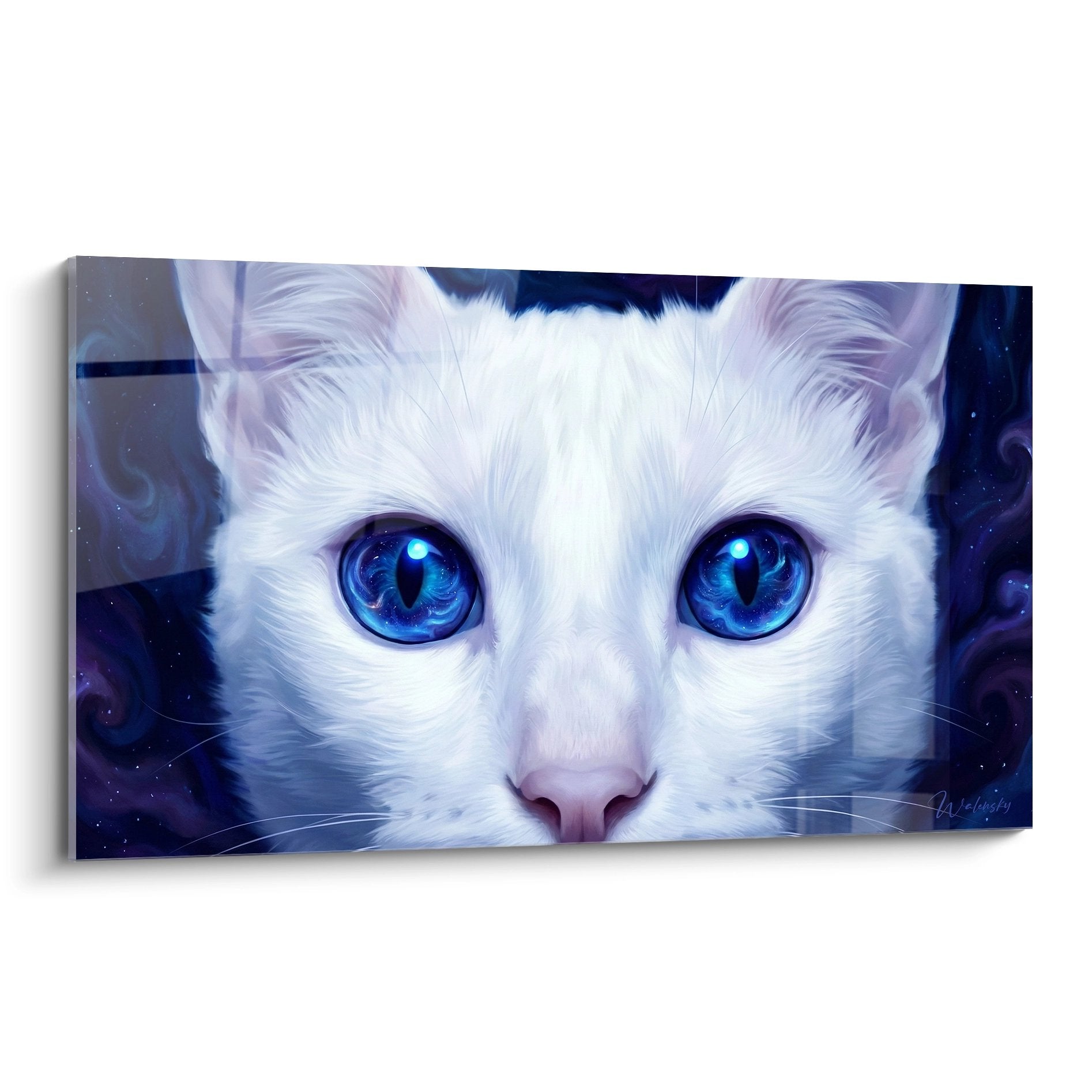 Tableau artistique chat Khao Manee blanc aux yeux bleus sur fond cosmique etoile