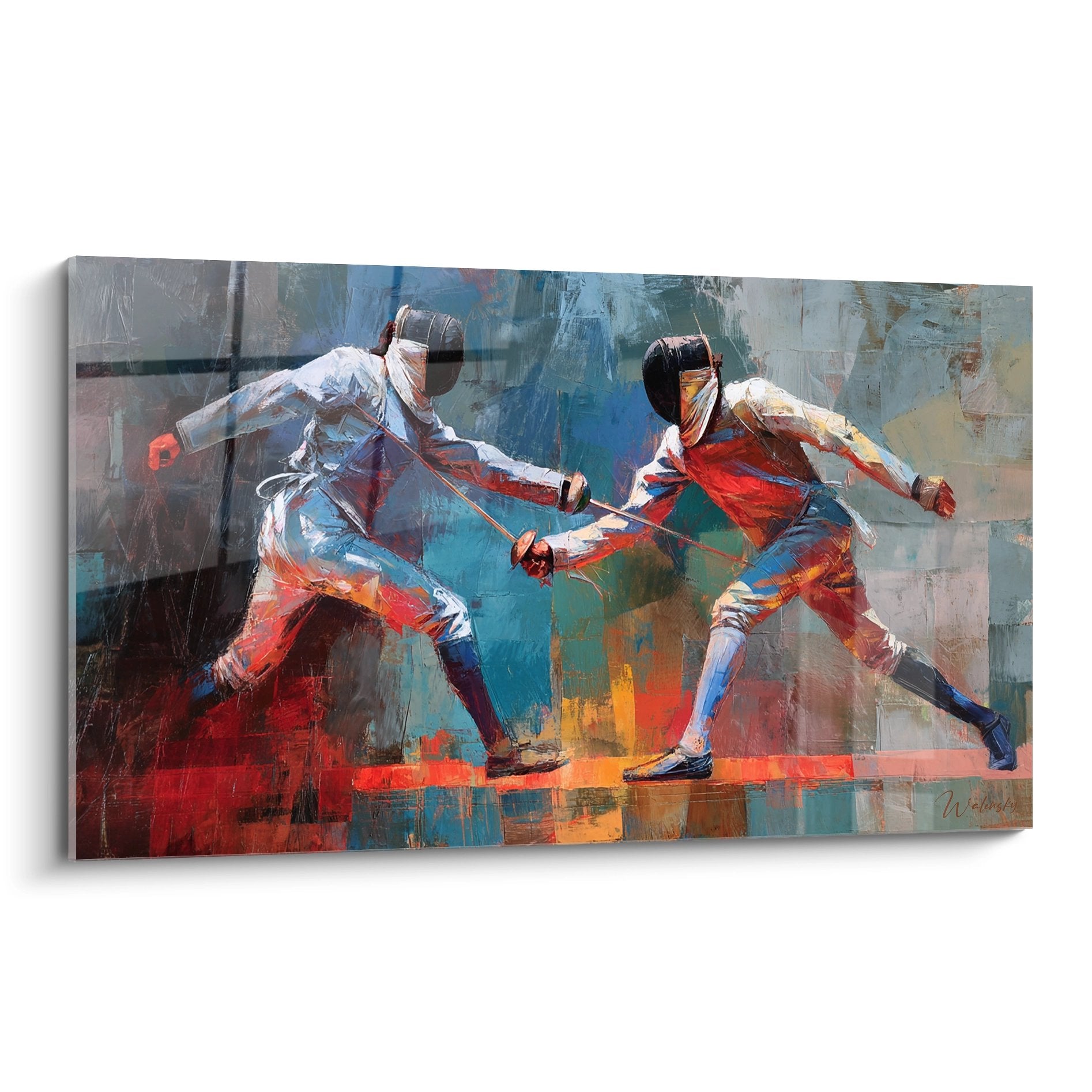 Tableau moderne representant un assaut d'escrime dynamique avec deux epeeistes en action, couleurs vives