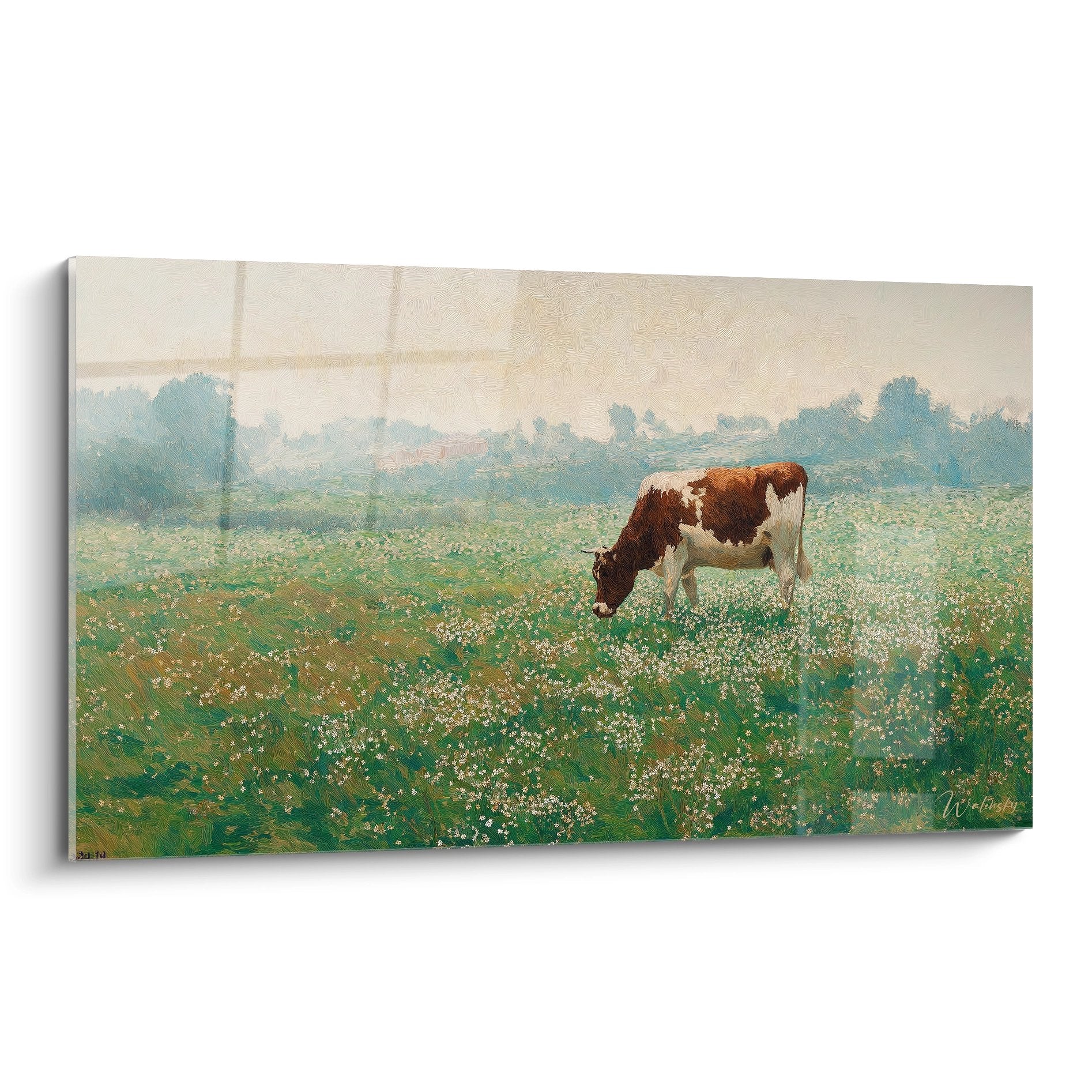 Tableau d'une vache rousse broutant dans une prairie normande fleurie de marguerites avec paysage brumeux