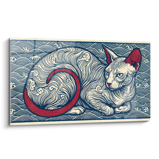Cuadro Gato Estilizado Olas Japonesas - Arte Decorativo Azul Rojo - Edición gato Peterbald