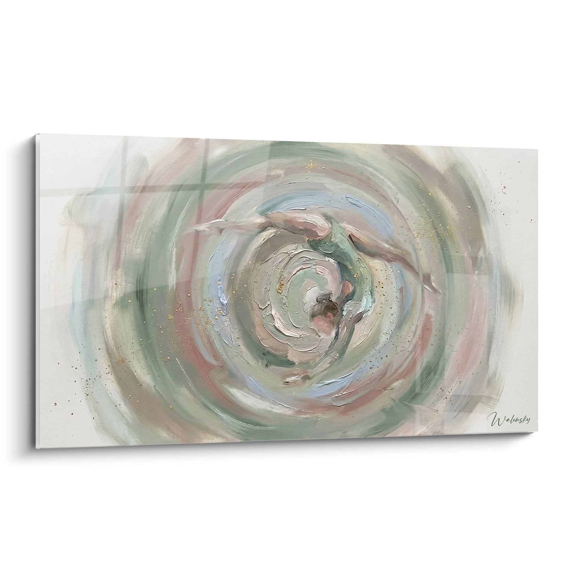 Tableau abstrait mouvement spirale couleurs pastel vert rose beige art gymnastique energie circulaire