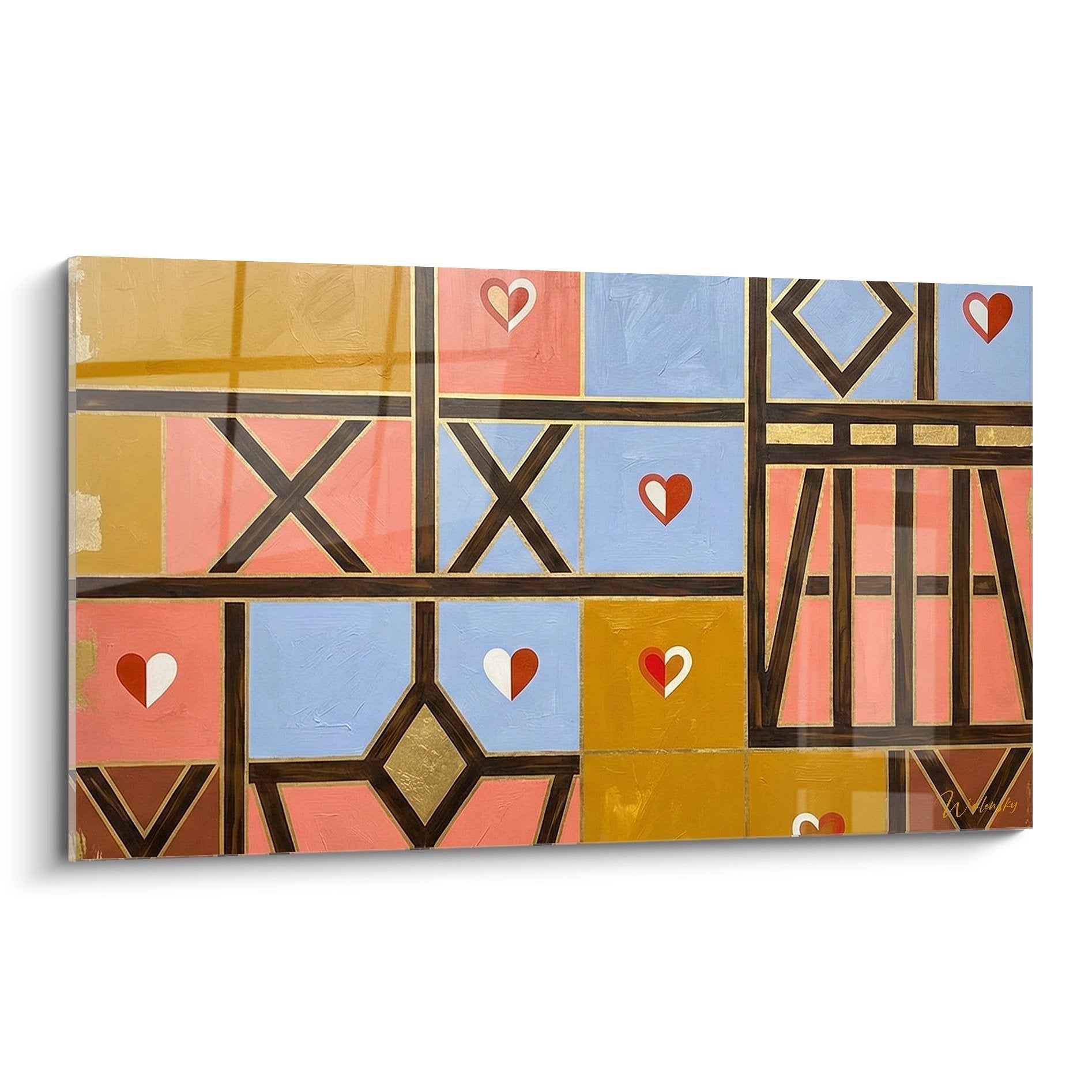 Tableau art geometrique inspire des colombages alsaciens avec motifs colores et coeurs decoratifs