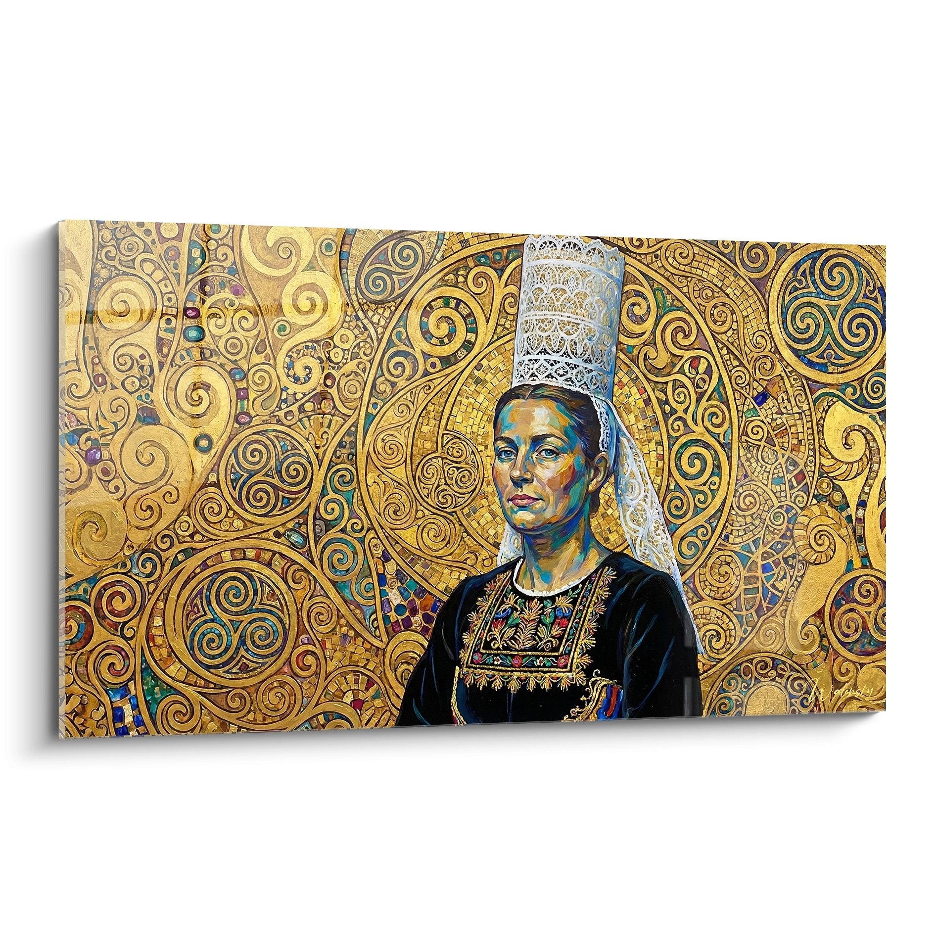 Tableau portrait femme bretonne en coiffe traditionnelle blanche et costume noir sur fond art nouveau doré