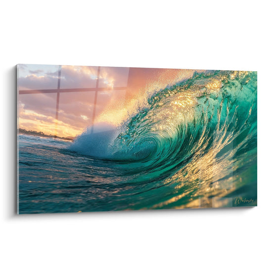 Schilderij Gouden Golf bij Zonsondergang - Tube Parfait - Surf Editie