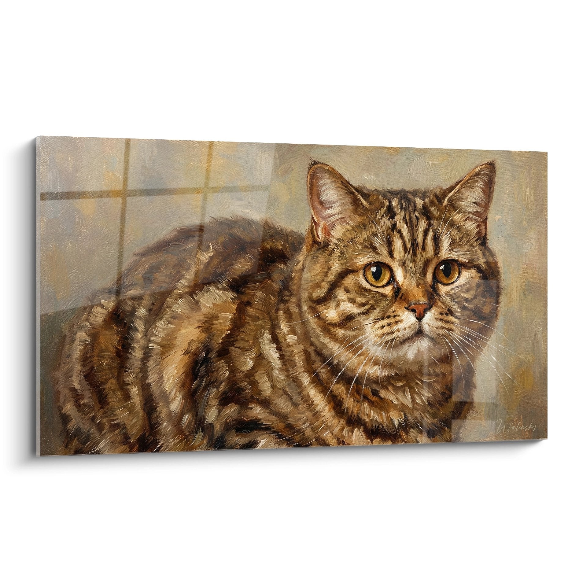 Tableau portrait chat tigré aux yeux dorés, peinture réaliste style classique, décoration murale féline