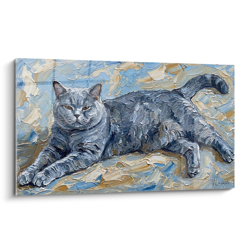 Tableau chat British Shorthair couché - Peinture impressionniste bleue - Edition chat British shorthair