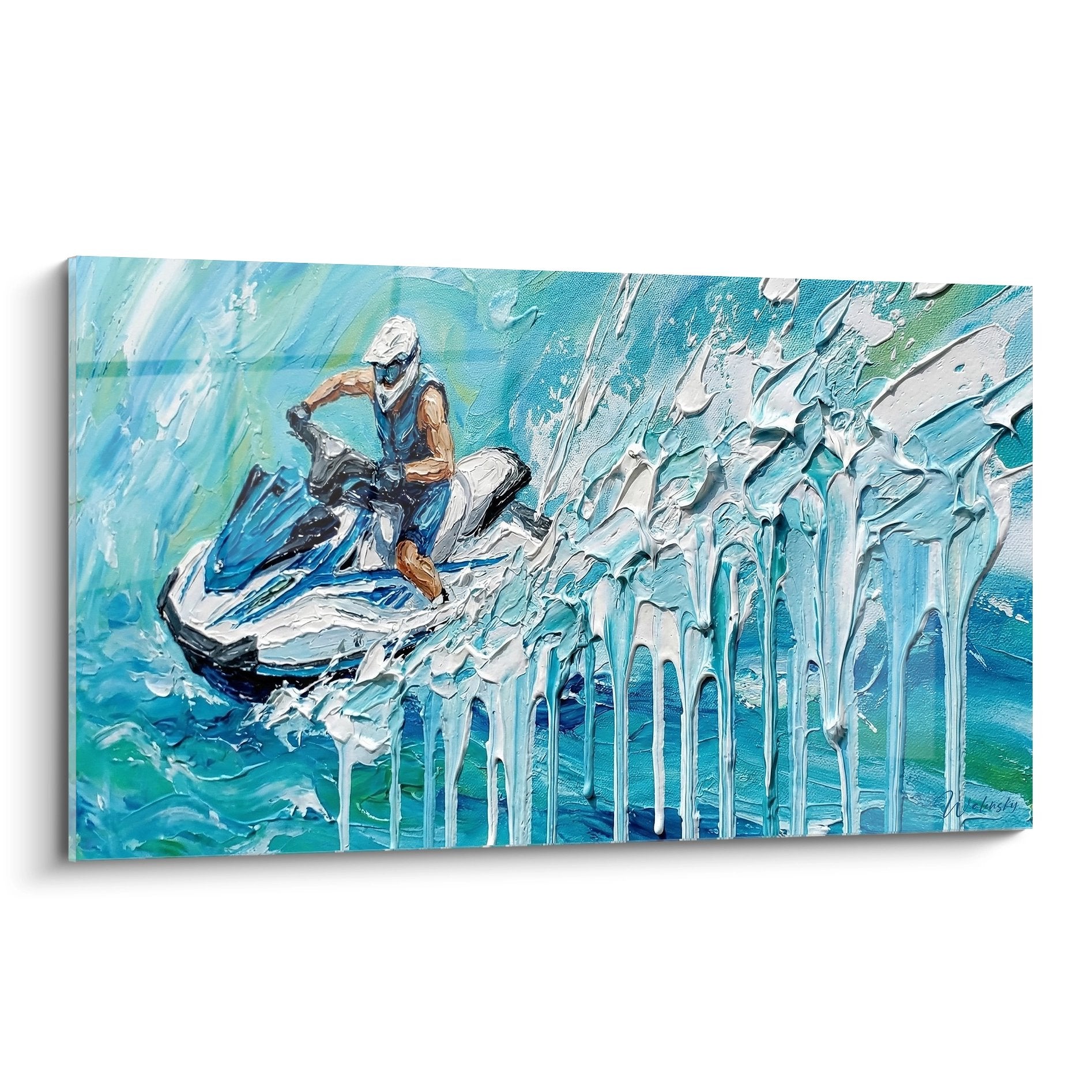Tableau jetski glacé montrant un pilote naviguant entre des stalactites de glace dans des eaux turquoise