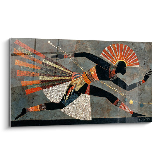 Tableau moderne representant un danseur africain stylise avec motifs geometriques colores orange rouge et noir