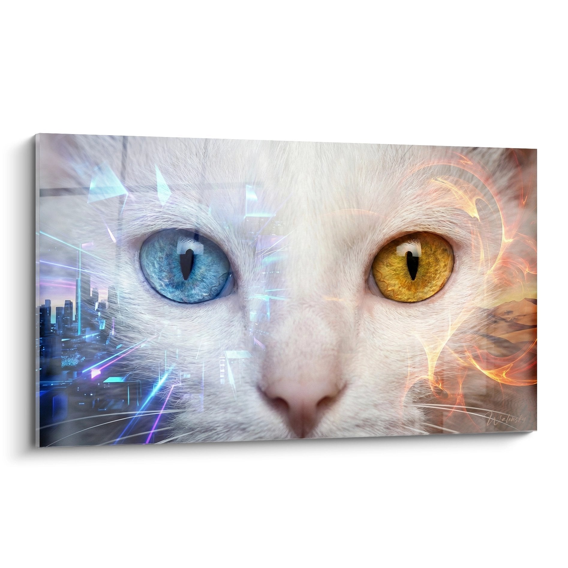 Tableau moderne chat Khao Manee aux yeux vairons bleu et or dans univers futuriste avec effets lumineux