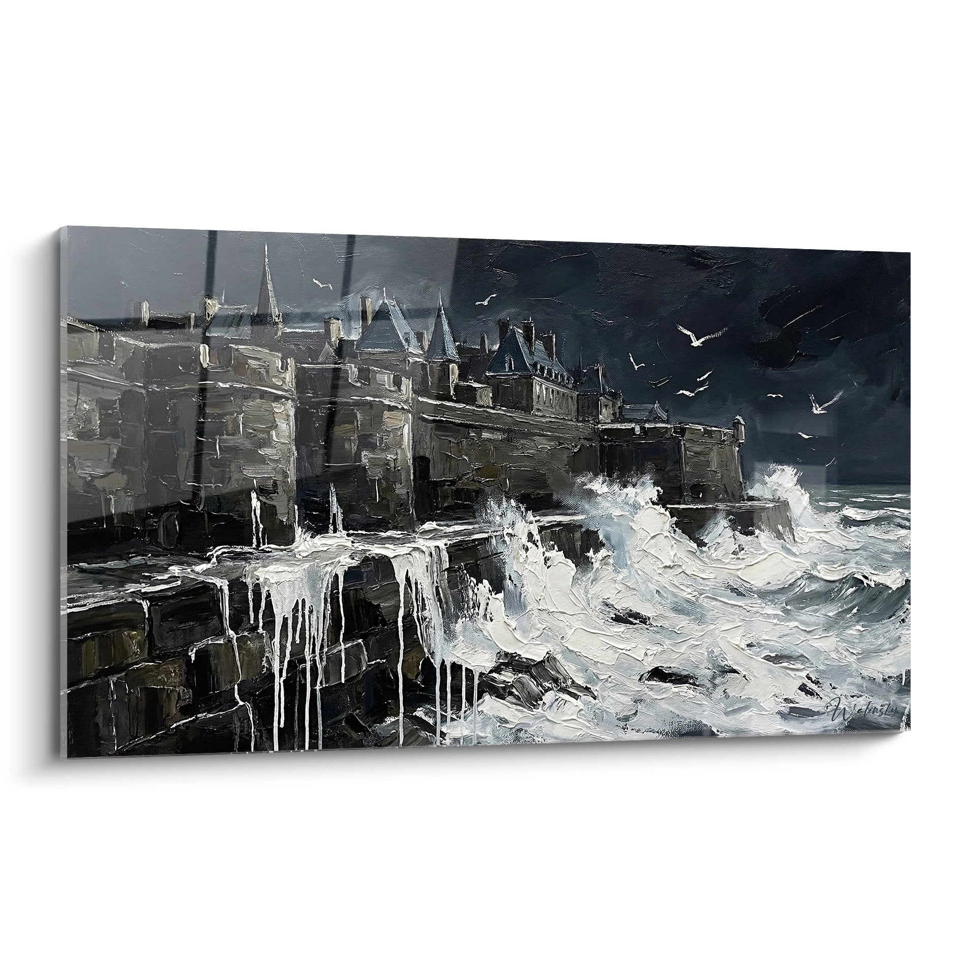 Tableau représentant un château breton sous la tempête avec vagues déferlantes et stalactites de glace
