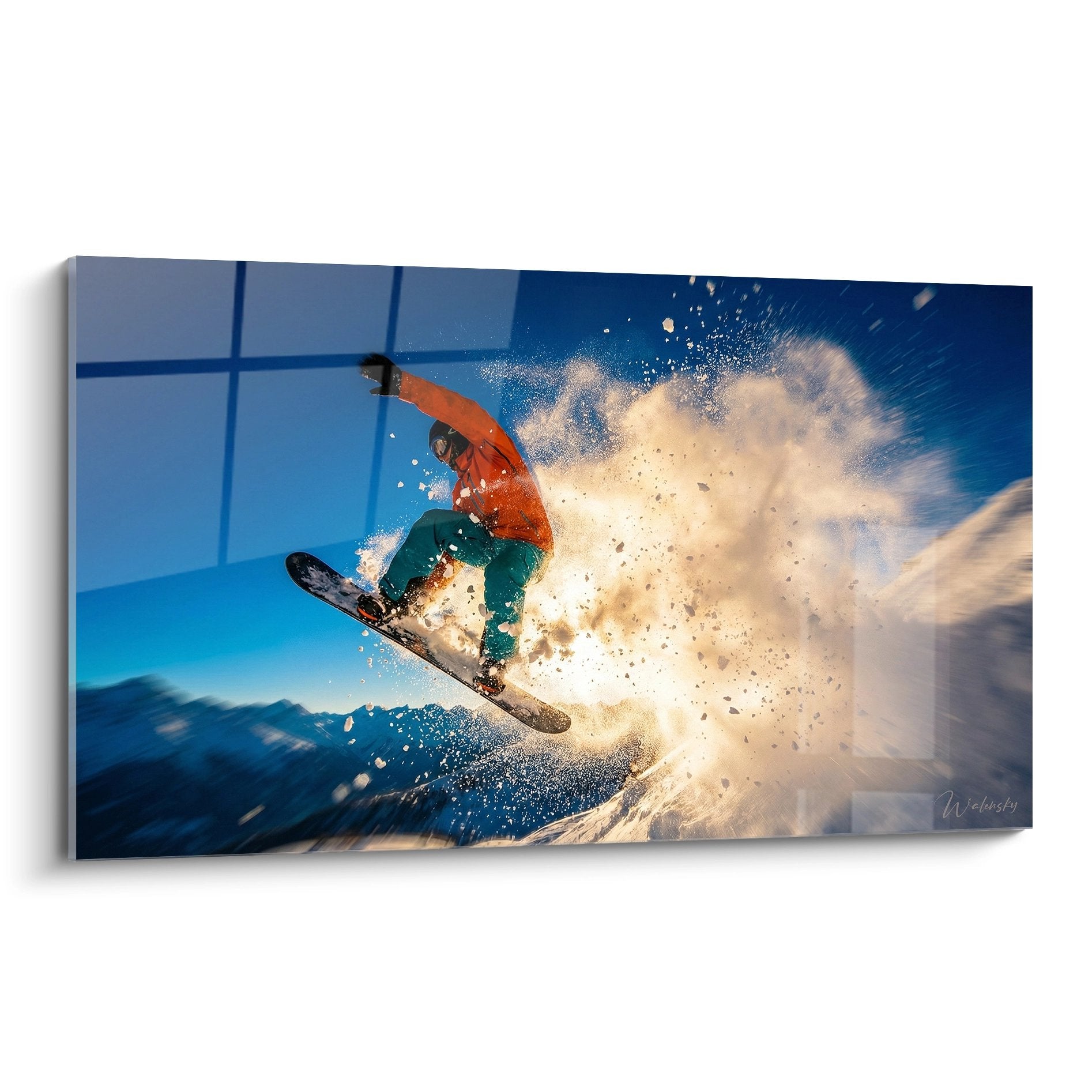 Tableau snowboard rider saut explosion poudreuse neige montagne ciel bleu orange action sports hiver