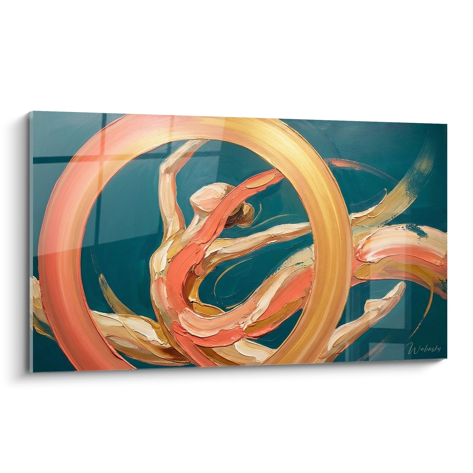 Tableau moderne aux spirales dorées et corail sur fond turquoise évoquant la fluidité gymnastique