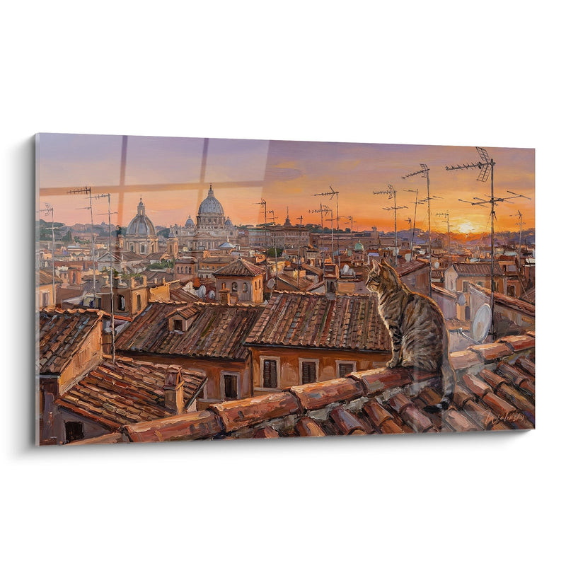 Tableau Chat sur les Toits de Rome au Coucher du Soleil - Panorama Romain - Edition chat European Shorthair