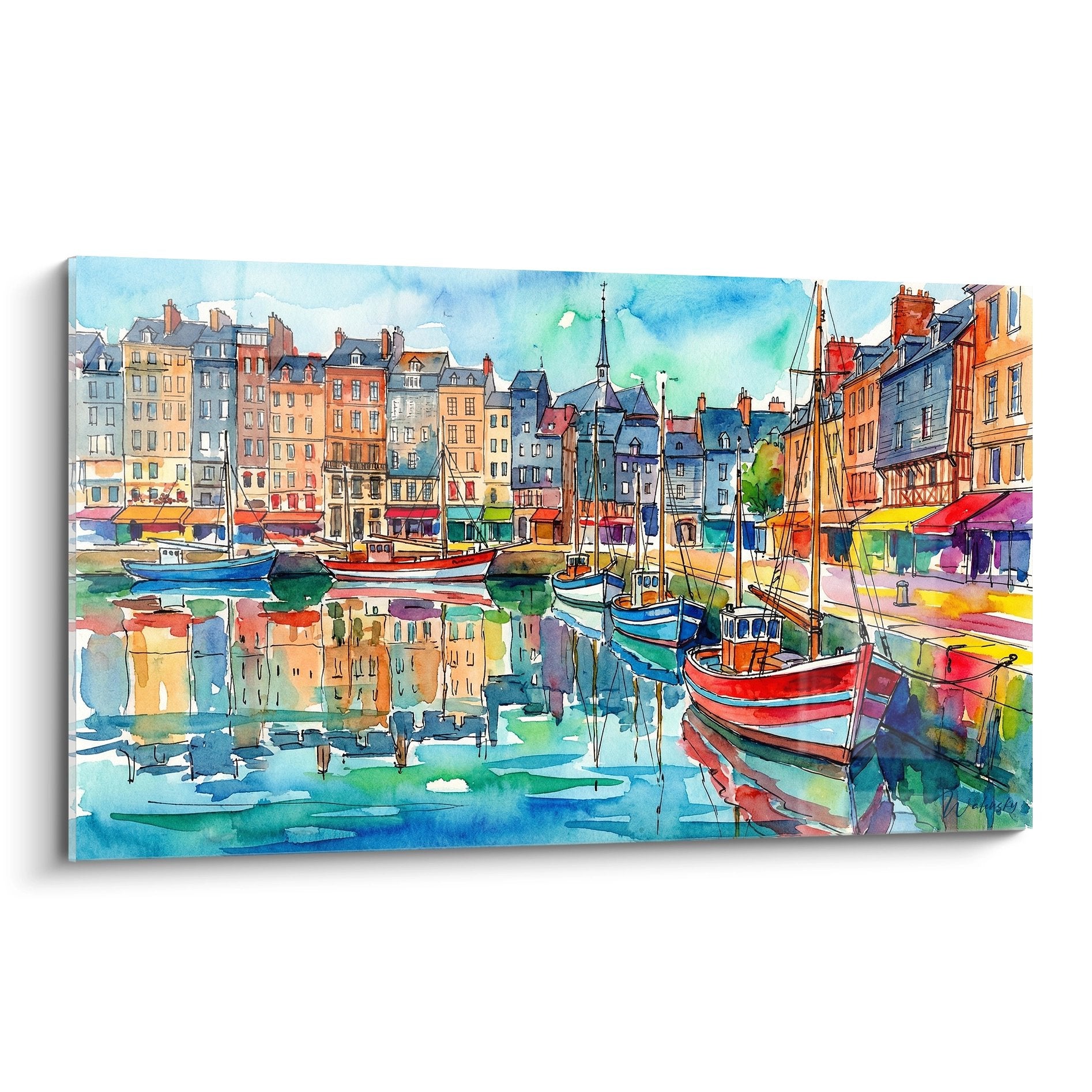 Tableau aquarelle du port de Honfleur avec maisons colorées et bateaux traditionnels du Vieux Bassin normand