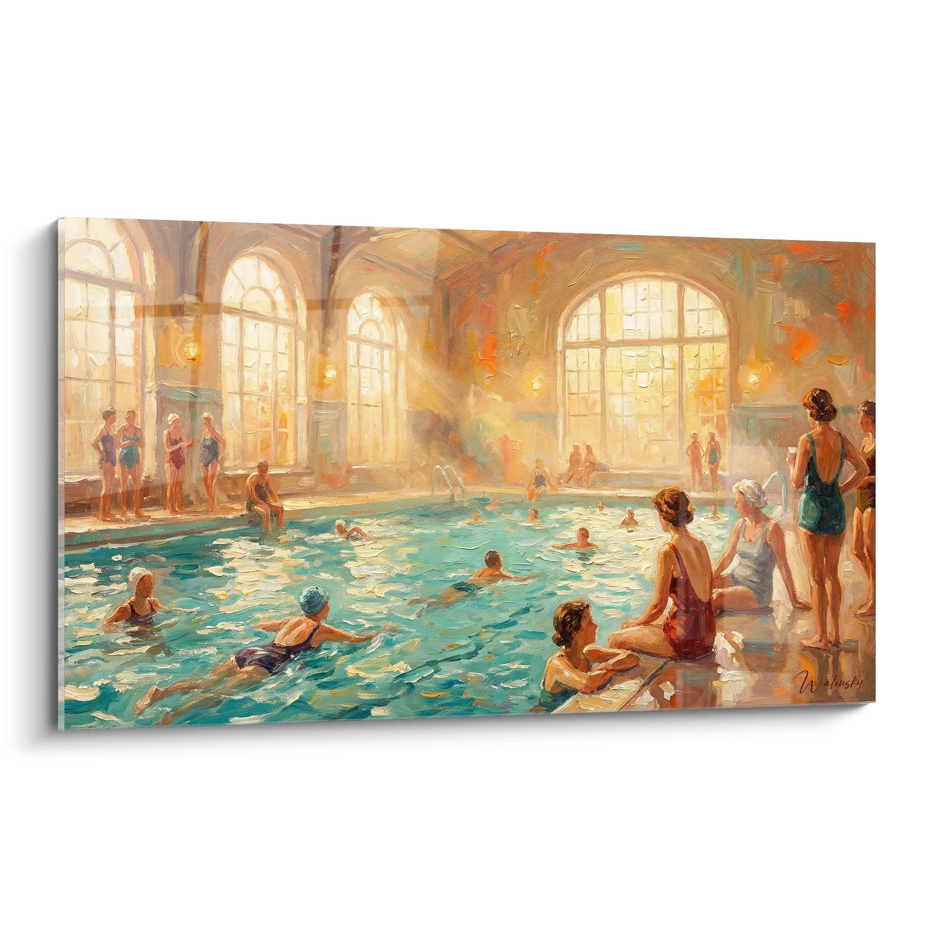 Tableau piscine vintage montrant des nageurs dans un bassin aux verrières classiques, style bains publics rétro