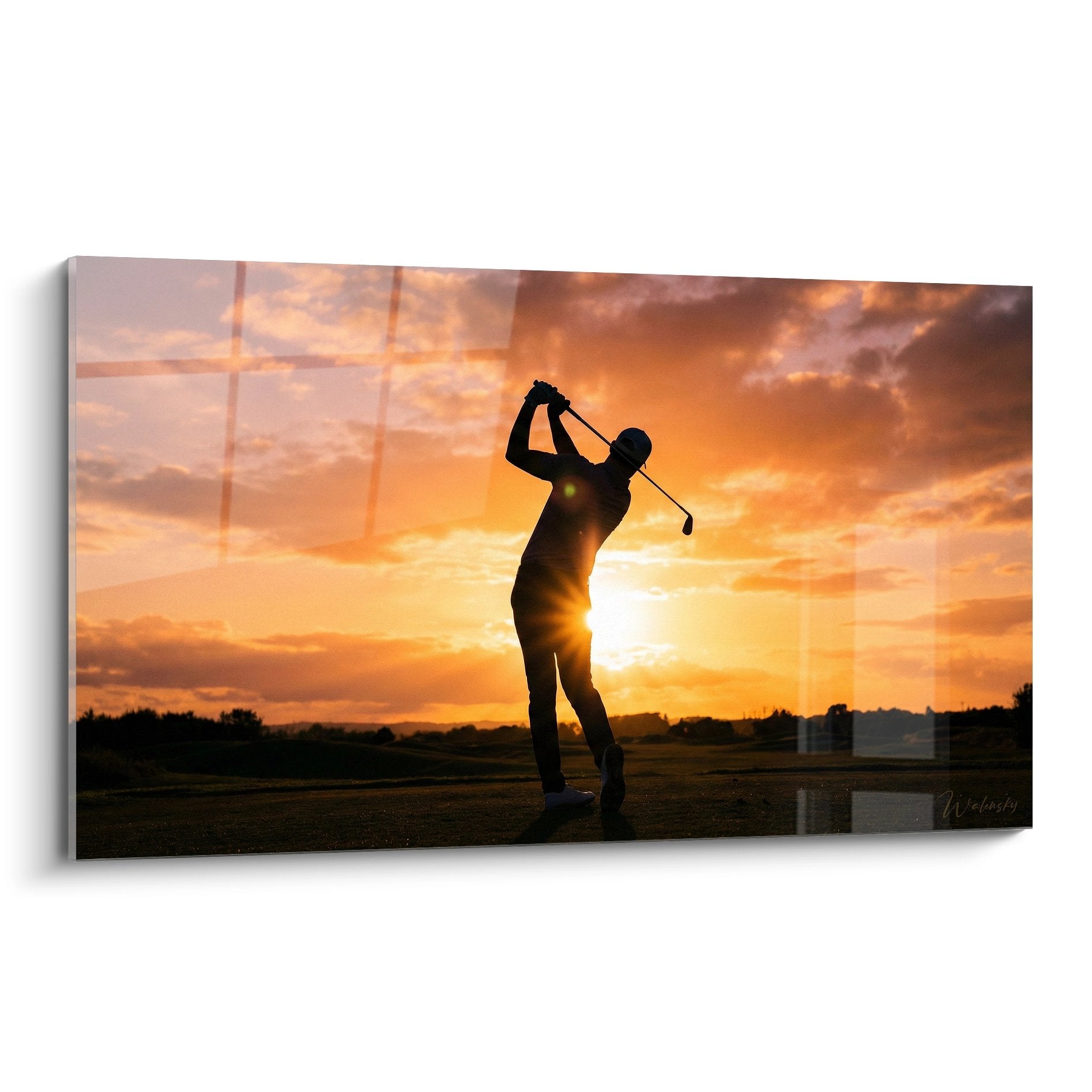 Tableau golf silhouette golfeur swing coucher soleil ciel orange terrain golf decoration murale
