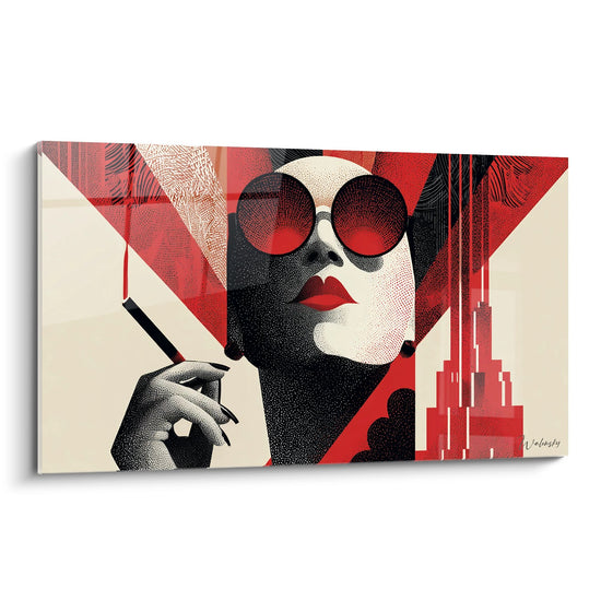 Tableau art deco femme elegante lunettes rondes rouges style vintage glamour annees 1920 geometric