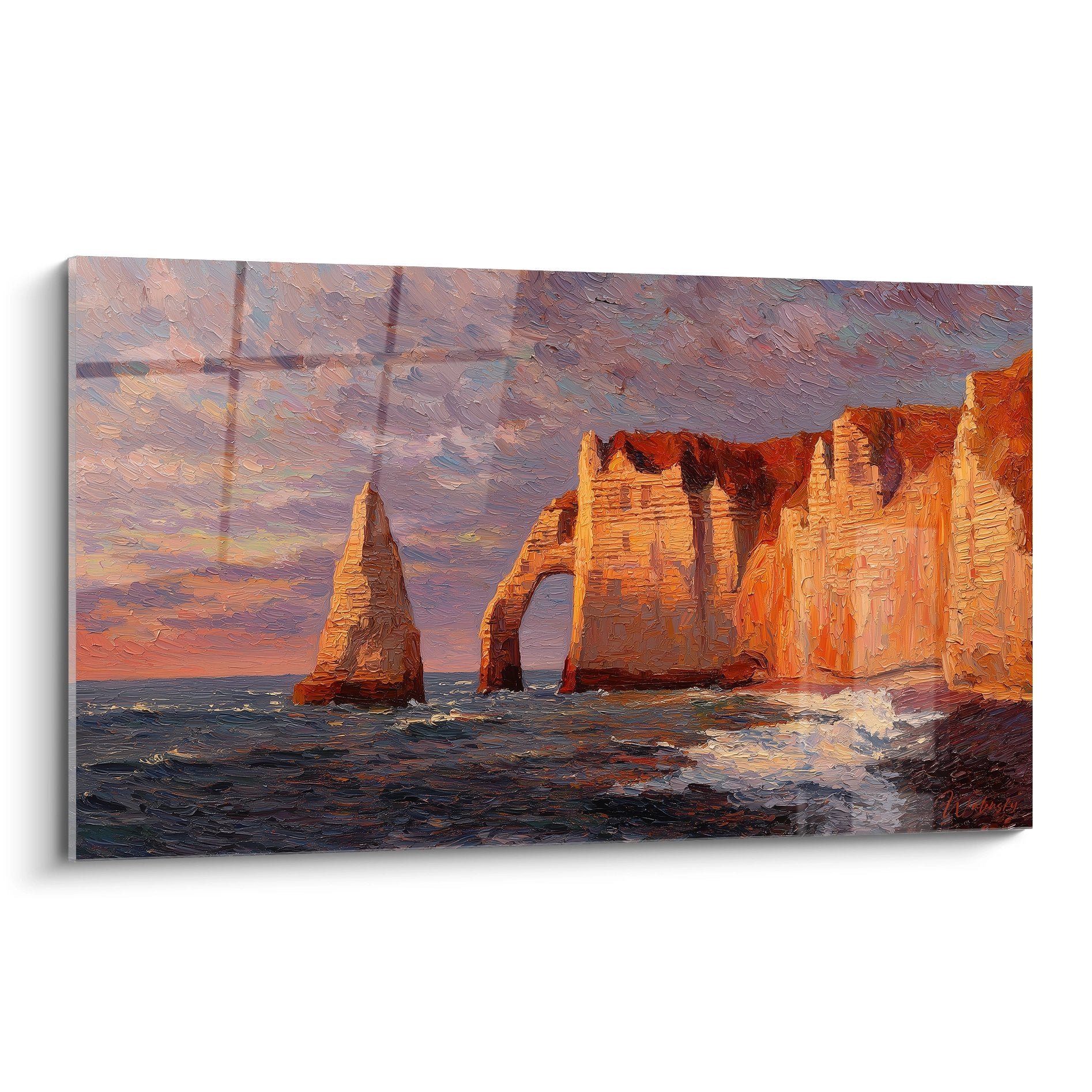 Tableau impressionniste des falaises d'Etretat au coucher de soleil avec l'Aiguille et arche naturelle