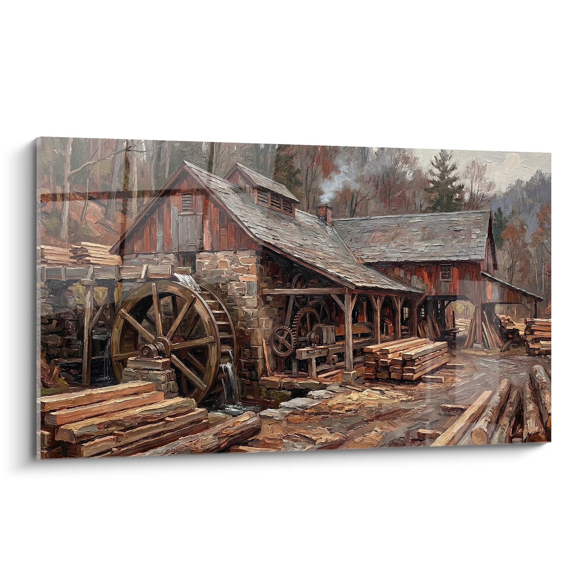 Tableau moulin à eau traditionnel avec roue à aubes en bois dans forêt vosgienne automnale