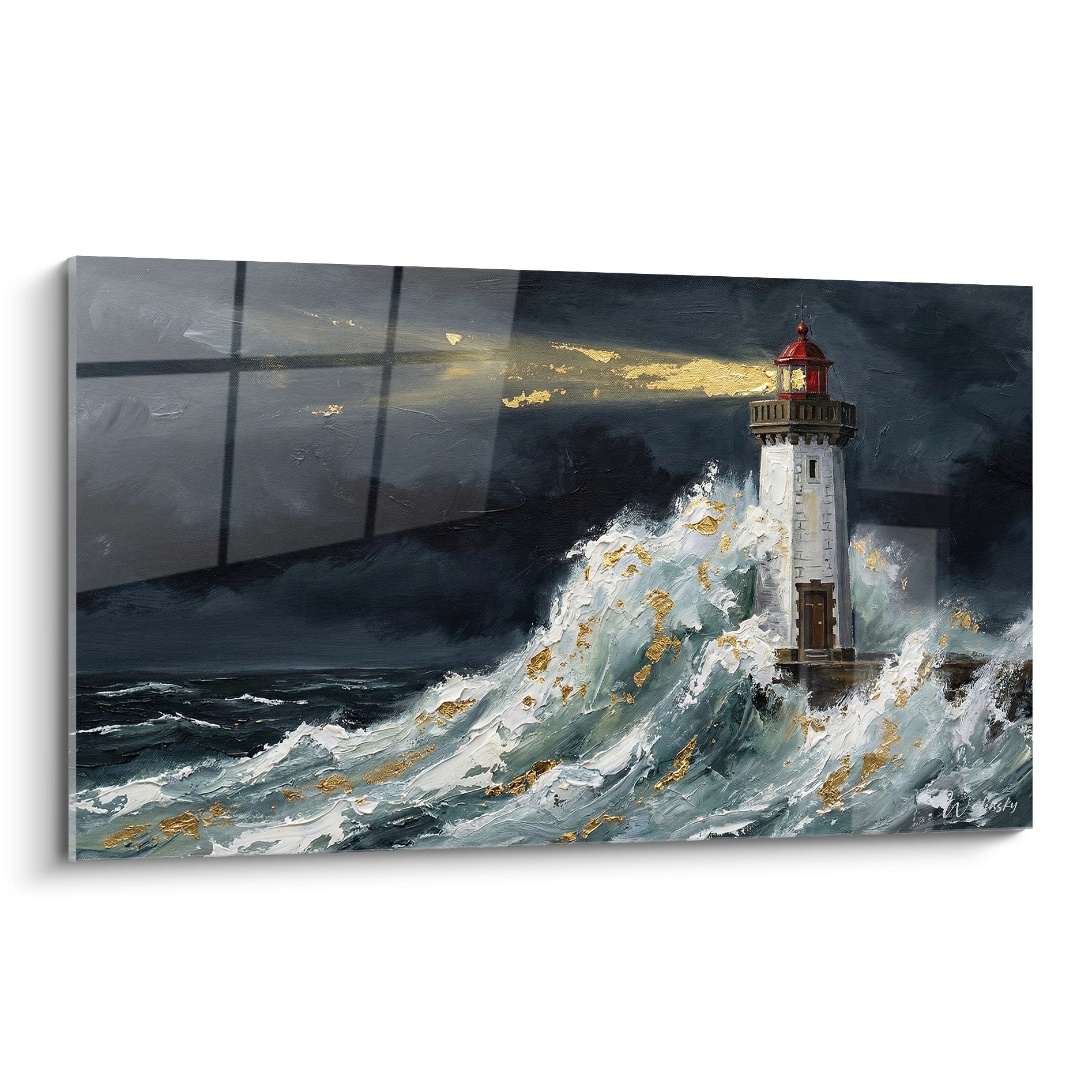 Tableau phare breton dans tempête avec vagues dorées et ciel orageux, art maritime Bretagne
