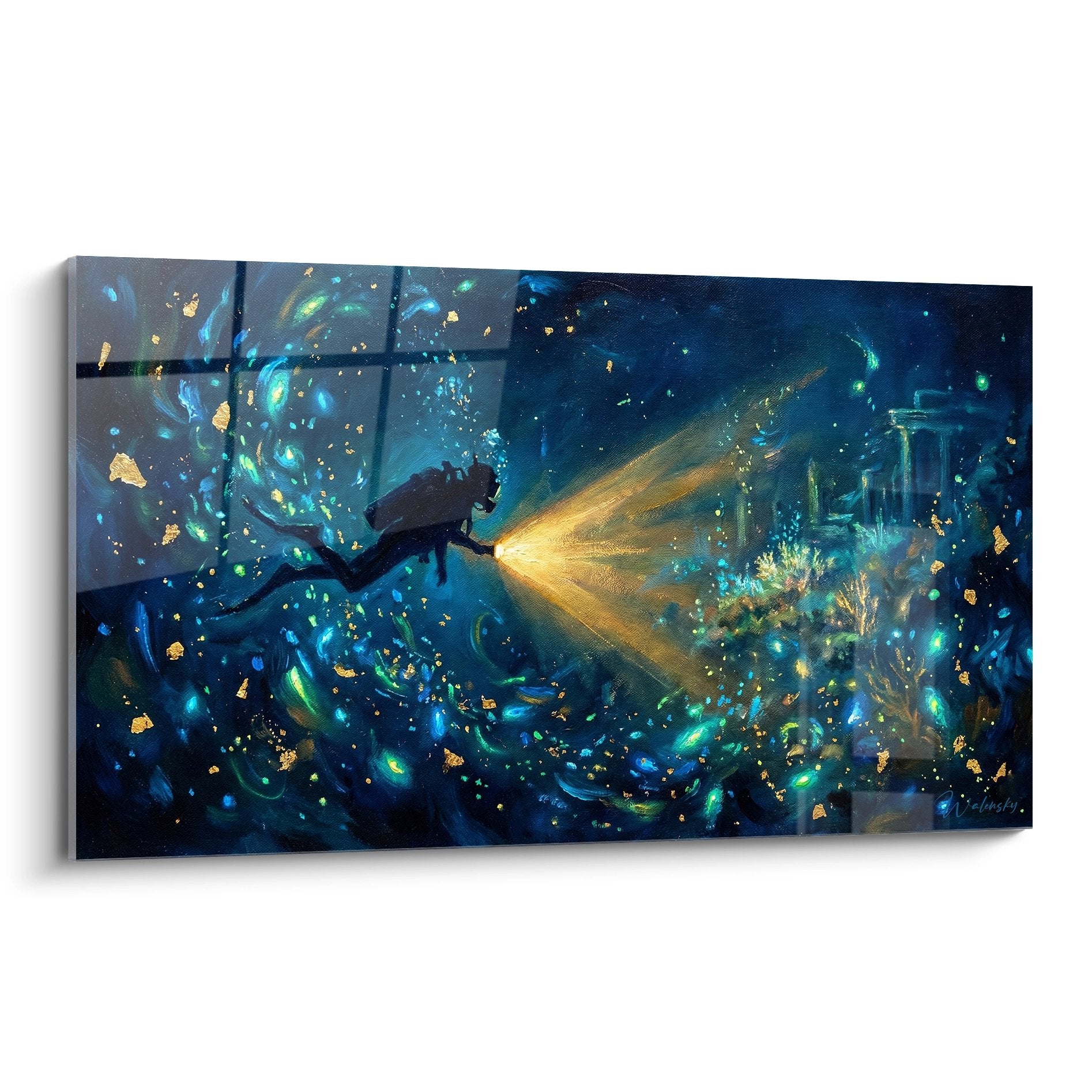 Tableau artistique plongeur dans océan bleu avec lumière dorée mystique et particules brillantes
