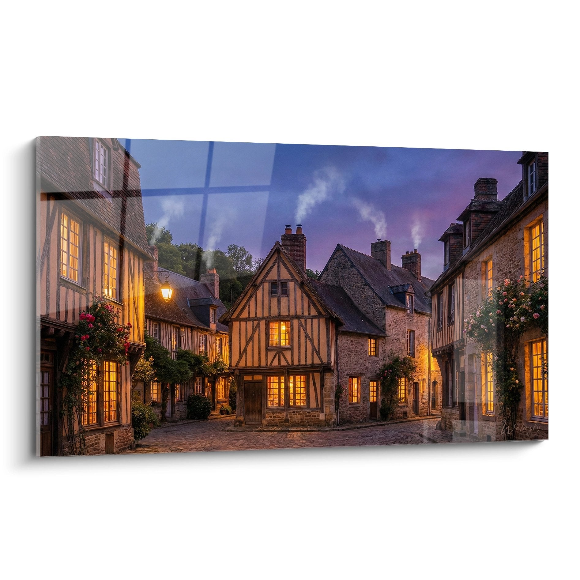 Tableau village normand au crépuscule avec maisons à colombages illuminées et rue pavée pittoresque