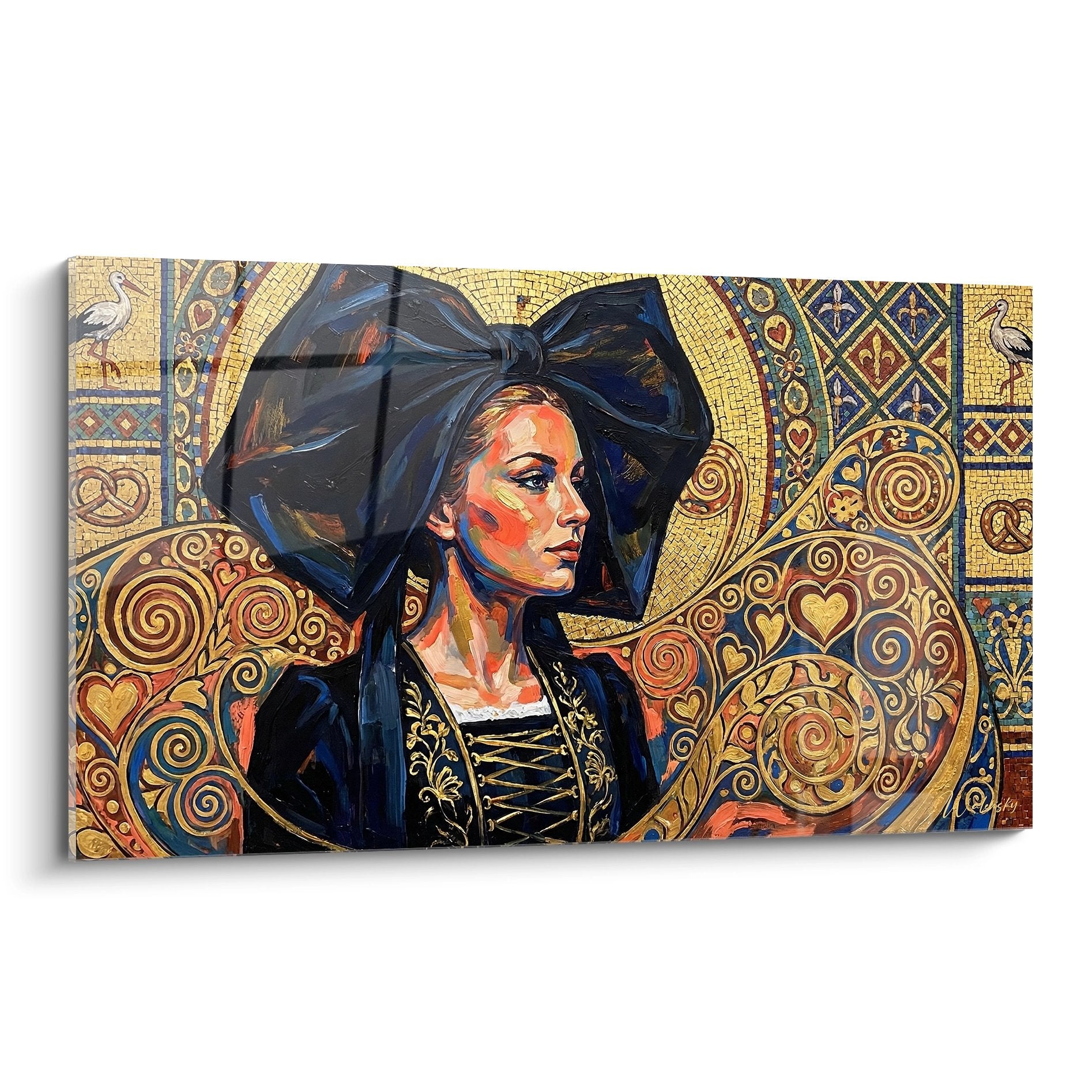 Tableau moderne d'une femme alsacienne avec coiffe traditionnelle sur fond de motifs dorés décoratifs