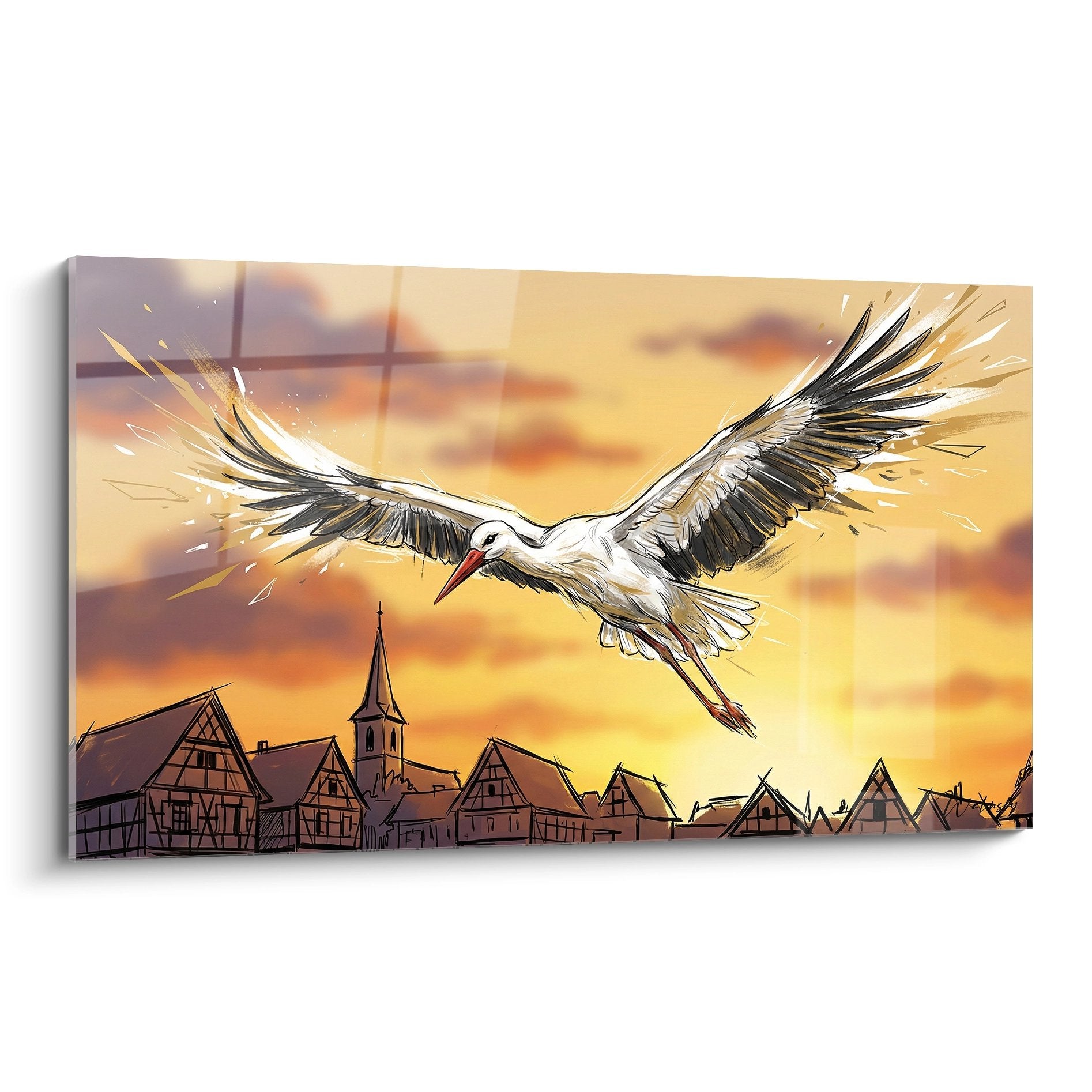 Tableau cigogne alsacienne en vol au coucher de soleil au-dessus des toits traditionnels avec colombages