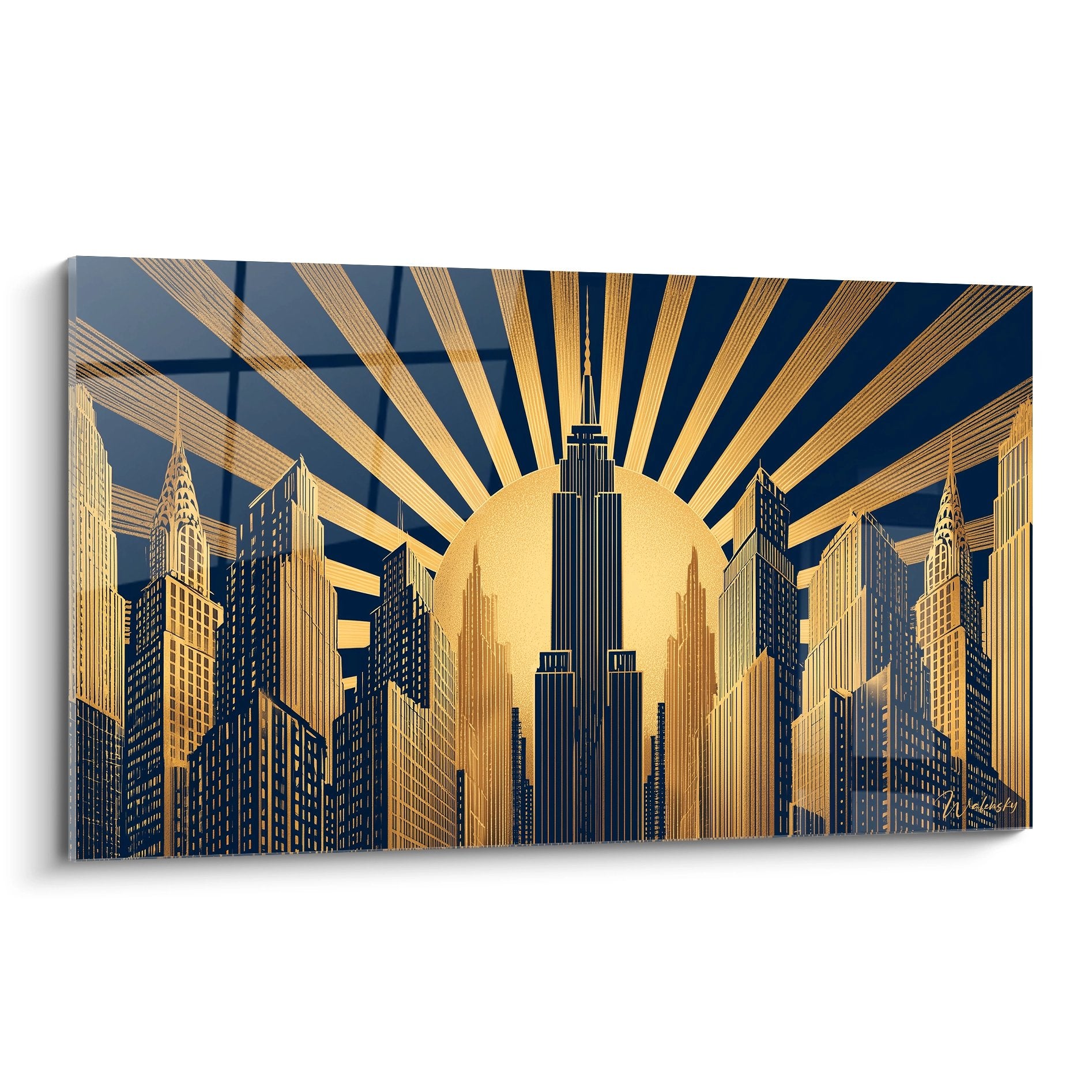 Tableau art déco représentant les gratte-ciel de Manhattan avec rayons dorés et soleil éclatant style années 1920