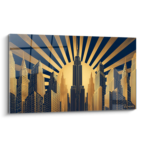 Quadro art déco raffigurante i grattacieli di Manhattan con raggi dorati e sole brillante in stile anni '20