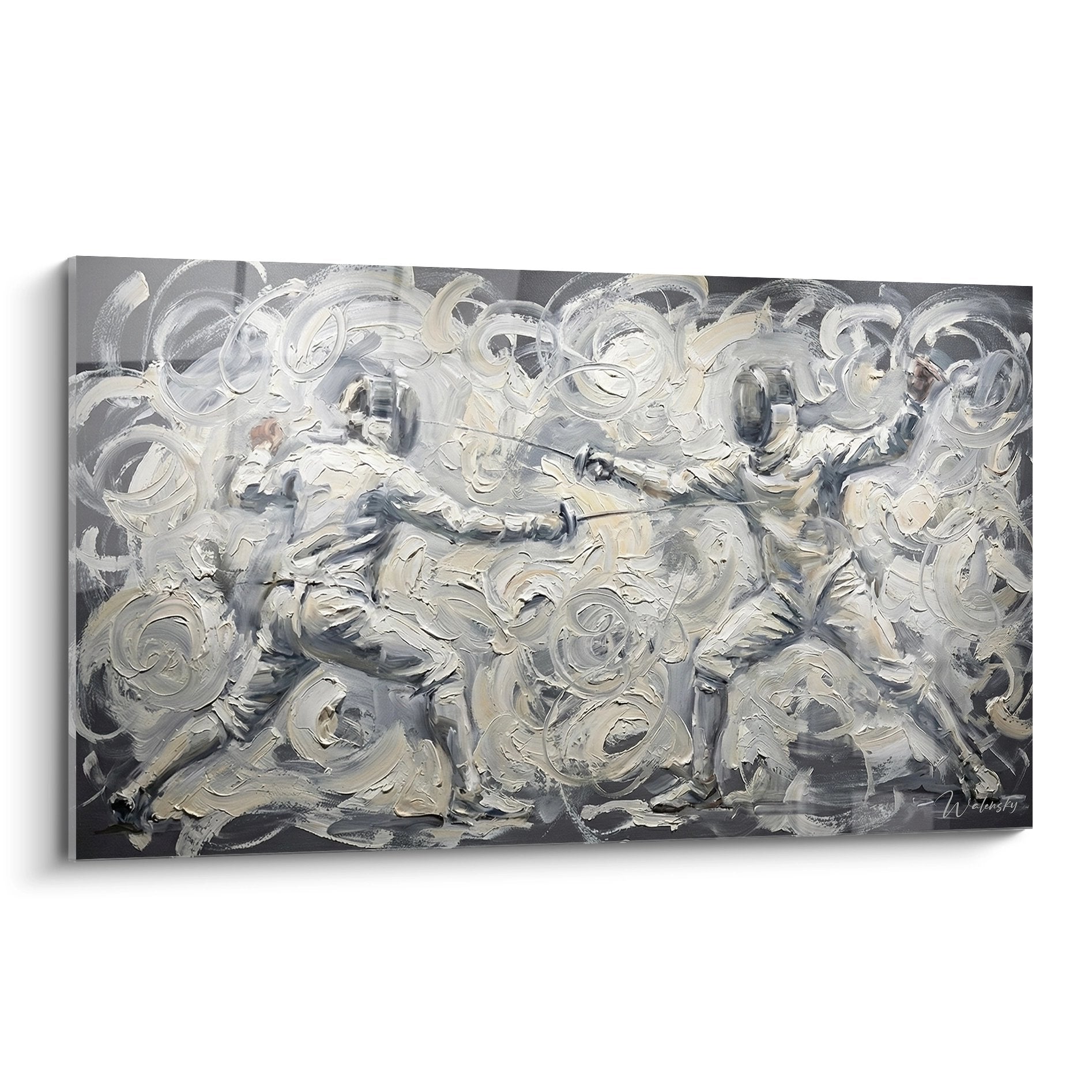 Tableau abstrait moderne aux tourbillons gris et argent sur toile - art contemporain pour decoration murale
