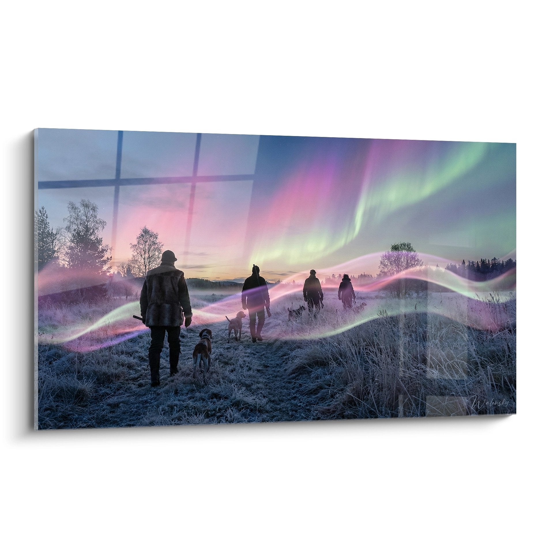 Tableau chasseurs sous aurores boréales dans paysage hivernal avec chiens - art mural chasse nocturne mystique
