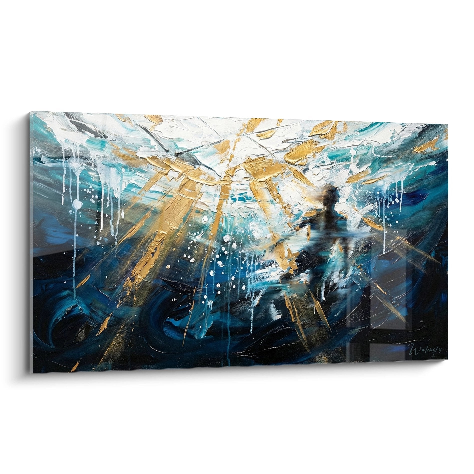 Tableau moderne plongée sous-marine avec plongeur et rayons dorés dans eaux turquoise - art mural océan