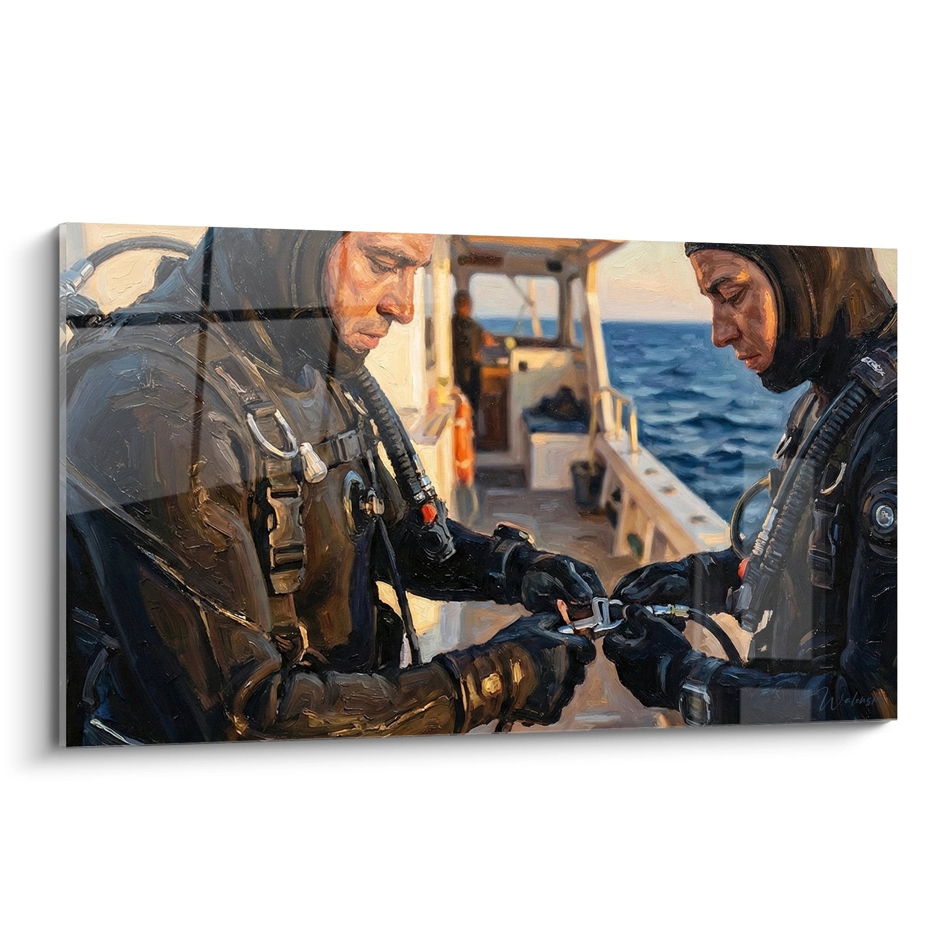 Tableau de deux plongeurs préparant leur équipement sur un bateau avant plongée sous-marine