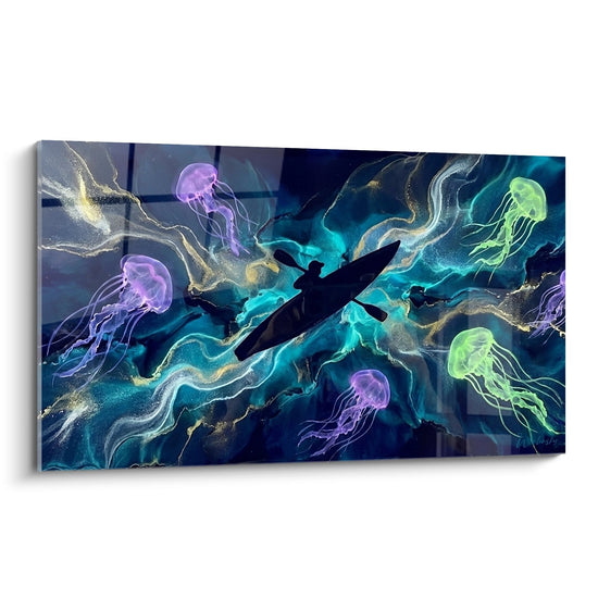 Quadro artistico che mostra un kayaker che naviga tra meduse colorate in un oceano blu profondo