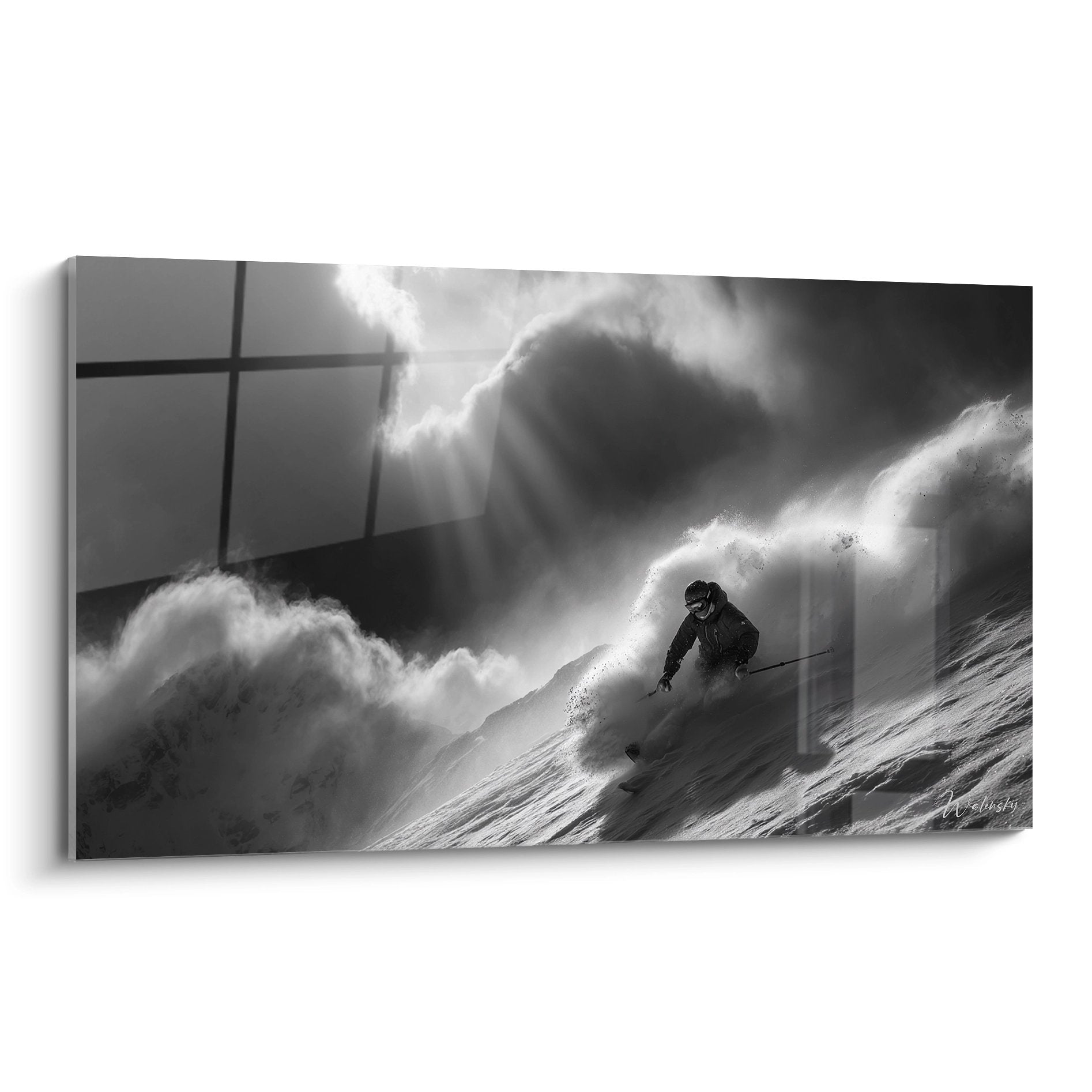 Tableau noir et blanc montrant un skieur dans la poudreuse avec nuages de neige en montagne - art mural ski